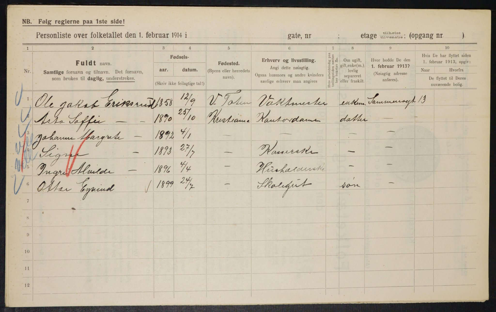 OBA, Kommunal folketelling 1.2.1914 for Kristiania, 1914, s. 99578