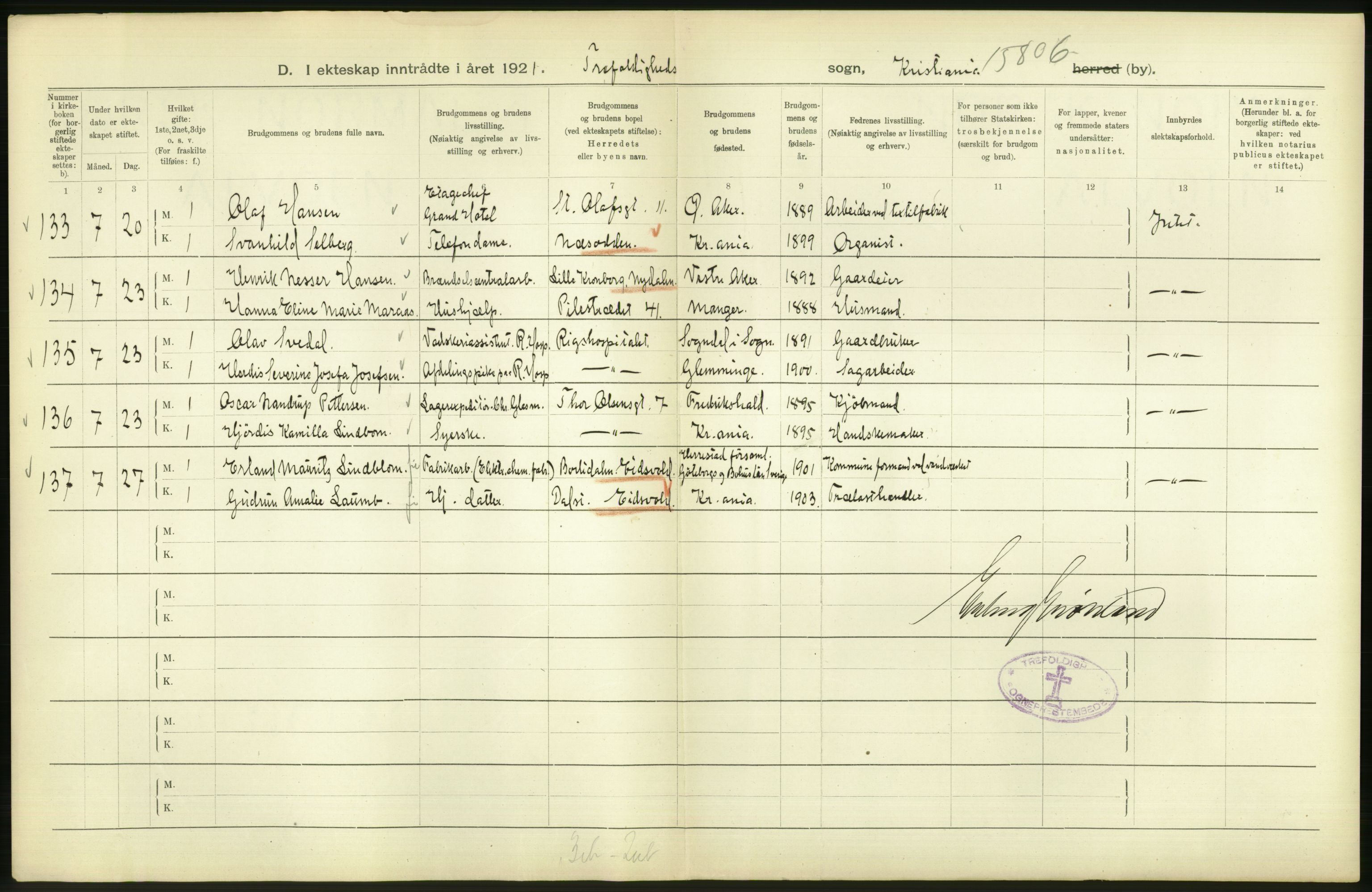 Statistisk sentralbyrå, Sosiodemografiske emner, Befolkning, AV/RA-S-2228/D/Df/Dfc/Dfca/L0011: Kristiania: Gifte, 1921, s. 34