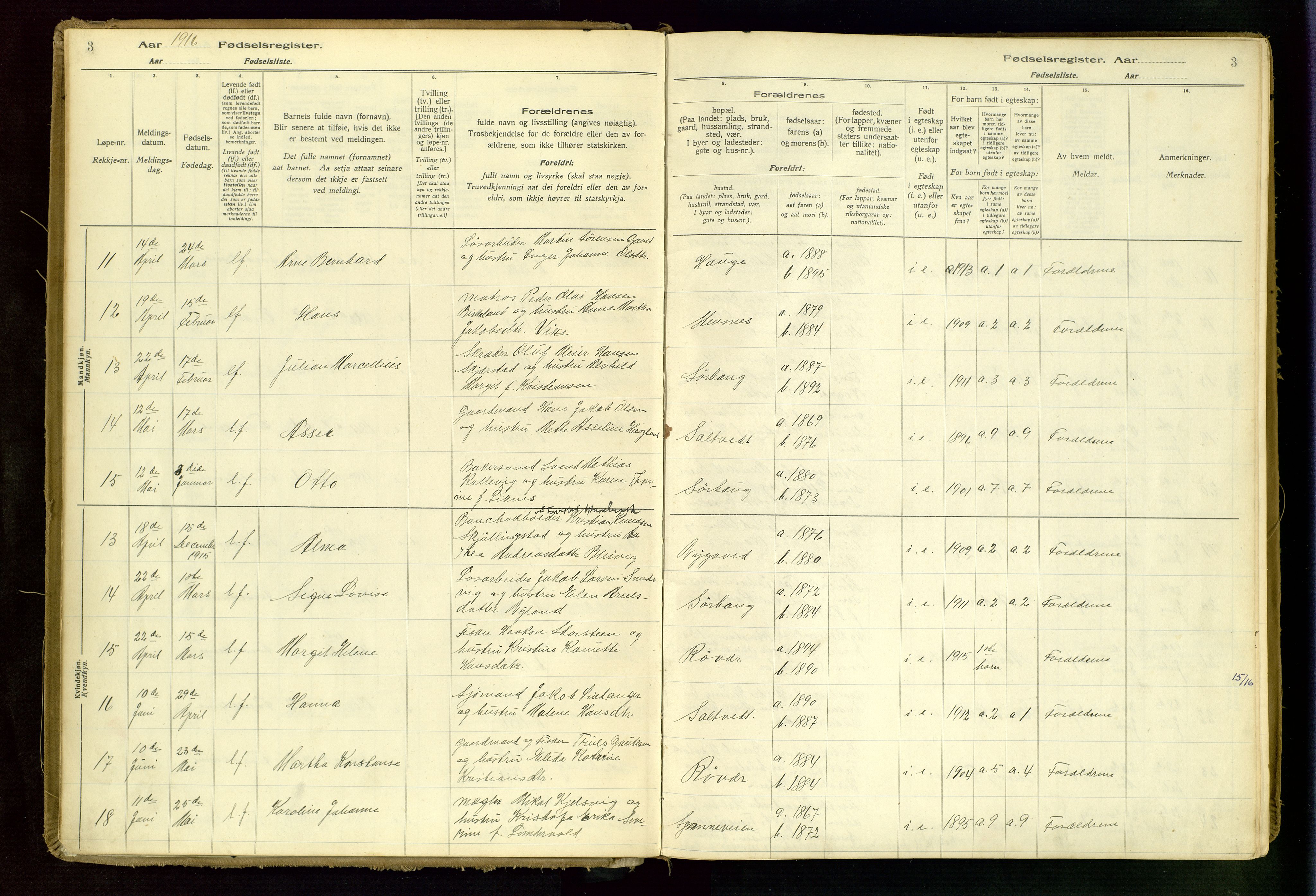 Haugesund sokneprestkontor, AV/SAST-A -101863/I/Id/L0001: Fødselsregister nr. 1, 1916-1935, s. 3