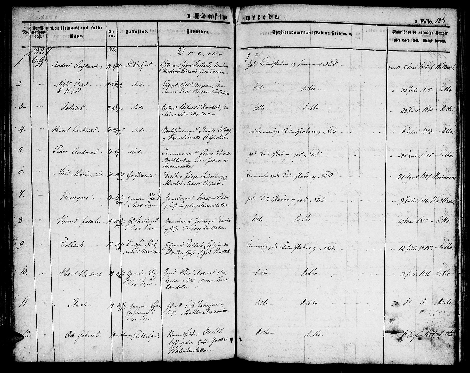 Flekkefjord sokneprestkontor, AV/SAK-1111-0012/F/Fb/Fbc/L0004: Klokkerbok nr. B 4, 1827-1846, s. 185