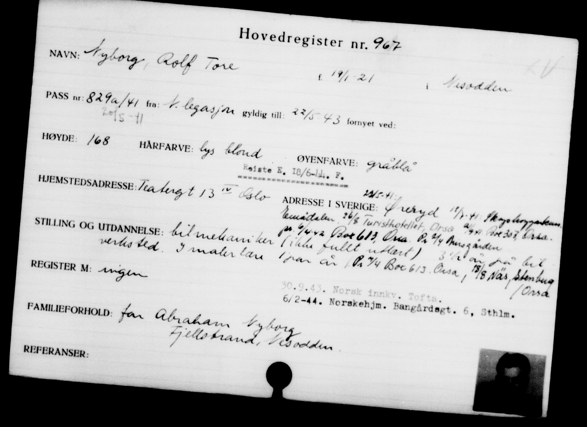Utenriksstasjonene, Legasjonen i Stockholm, Flyktningkontoret, AV/RA-S-6753/V/Va/L0001: Kjesäterkartoteket, flyktninger med registreringsnr. 1-1000, 1940-1945, s. 1503