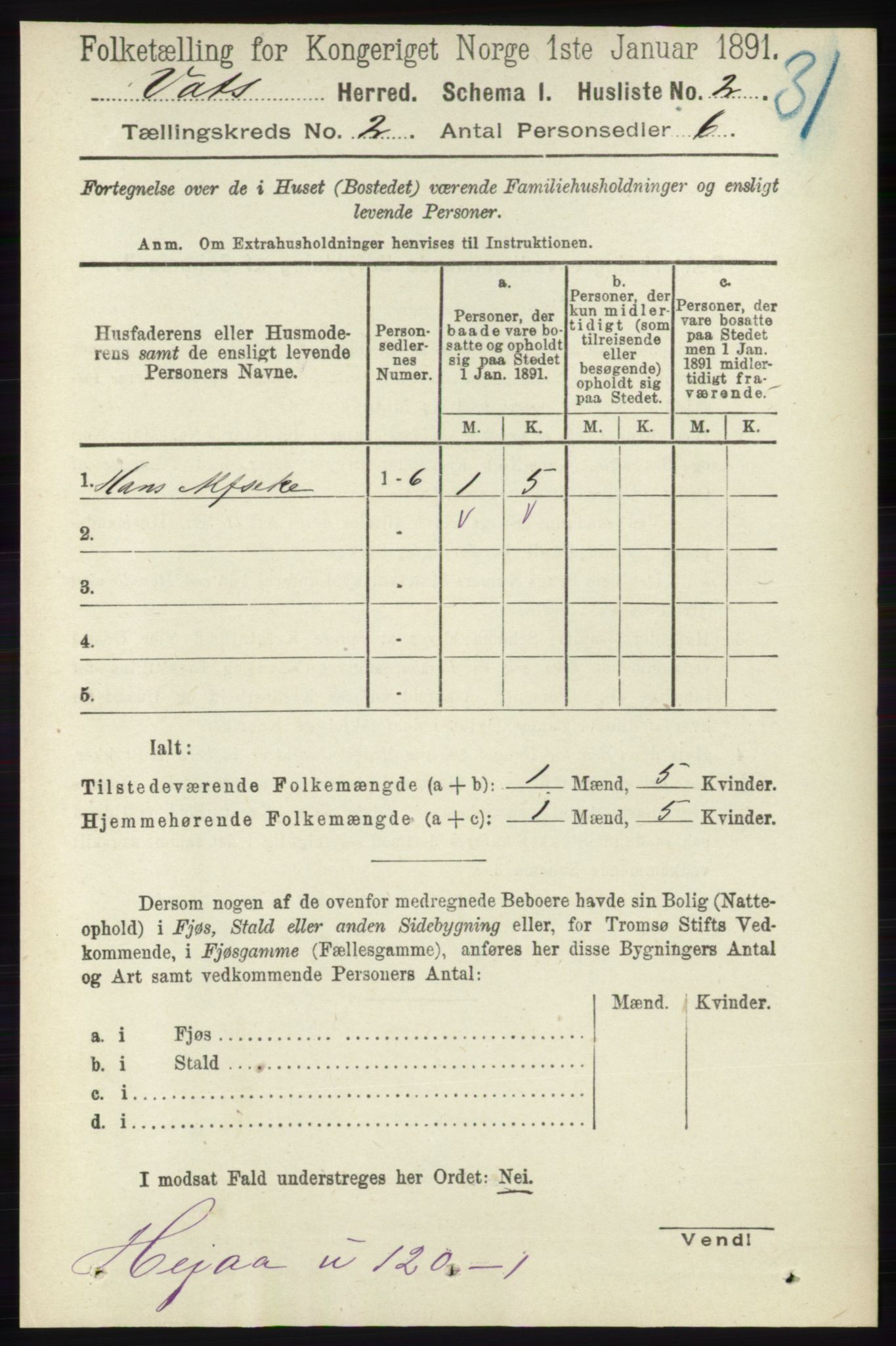 RA, Folketelling 1891 for 1155 Vats herred, 1891, s. 174