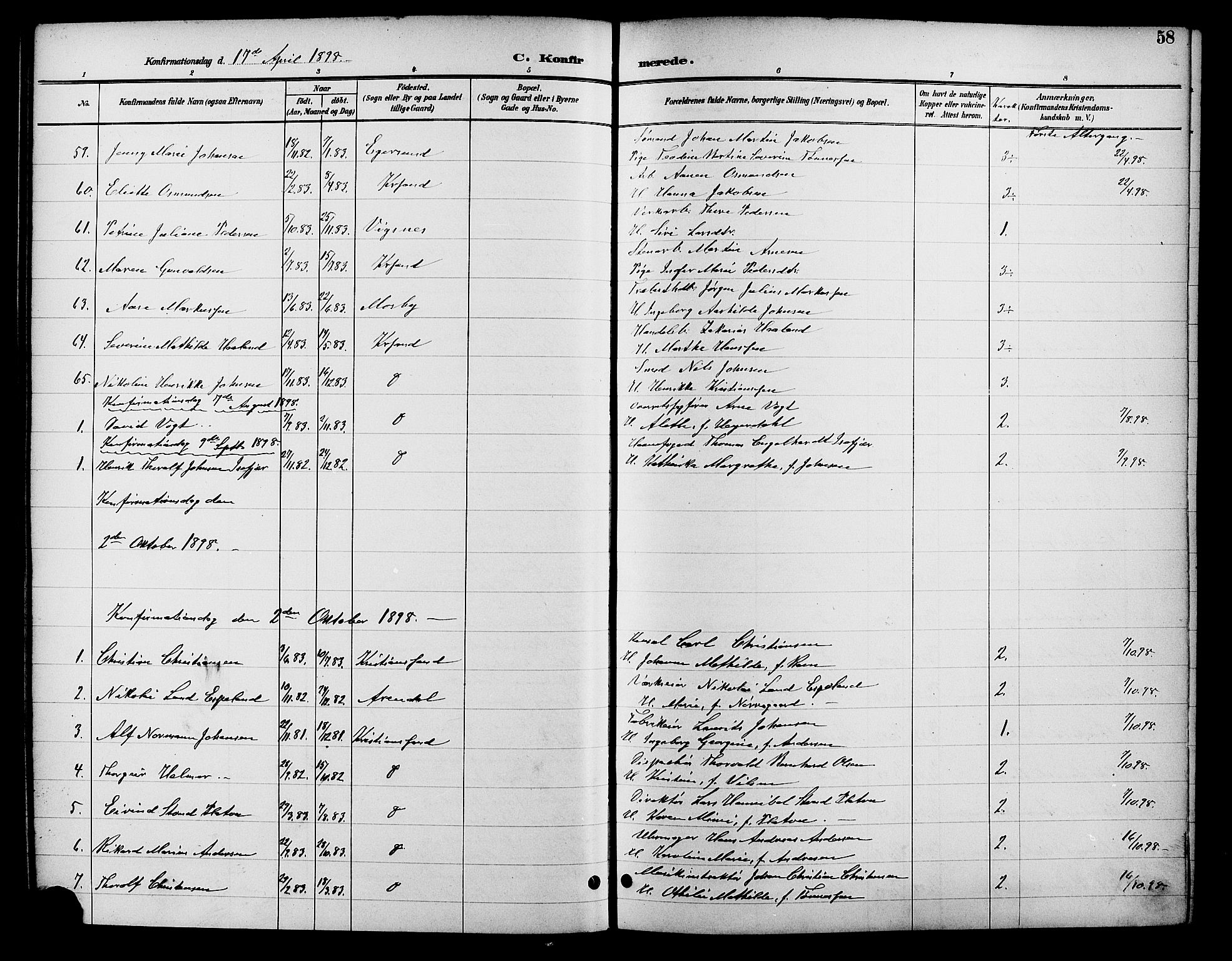 Kristiansand domprosti, AV/SAK-1112-0006/F/Fb/L0017: Klokkerbok nr. B 17, 1893-1906, s. 58