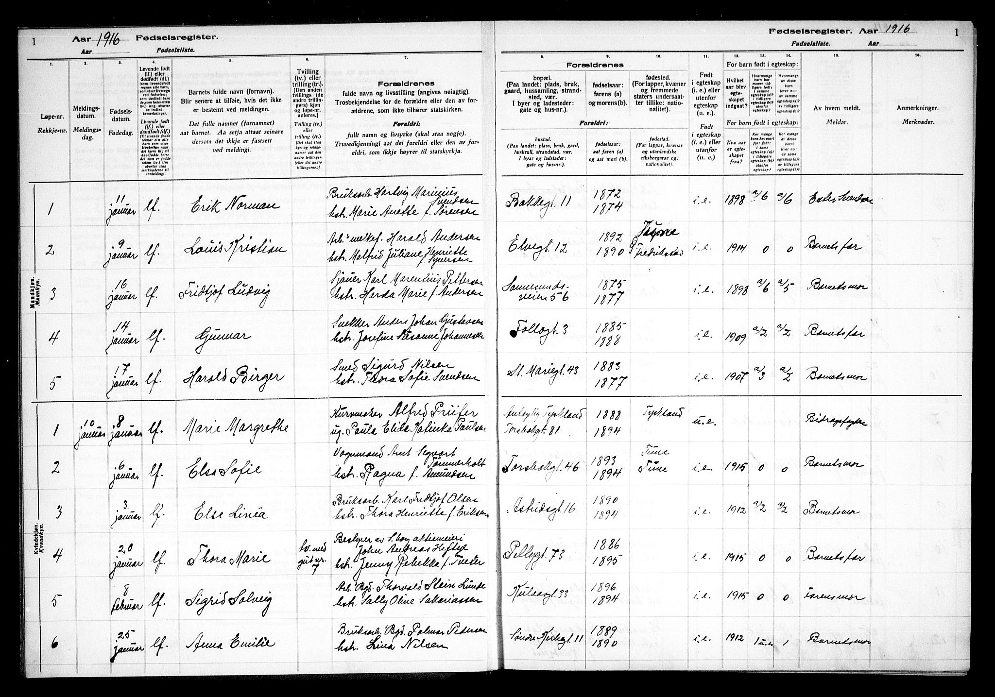 Sarpsborg prestekontor Kirkebøker, AV/SAO-A-2006/J/Ja/L0001: Fødselsregister nr. 1, 1916-1922, s. 1
