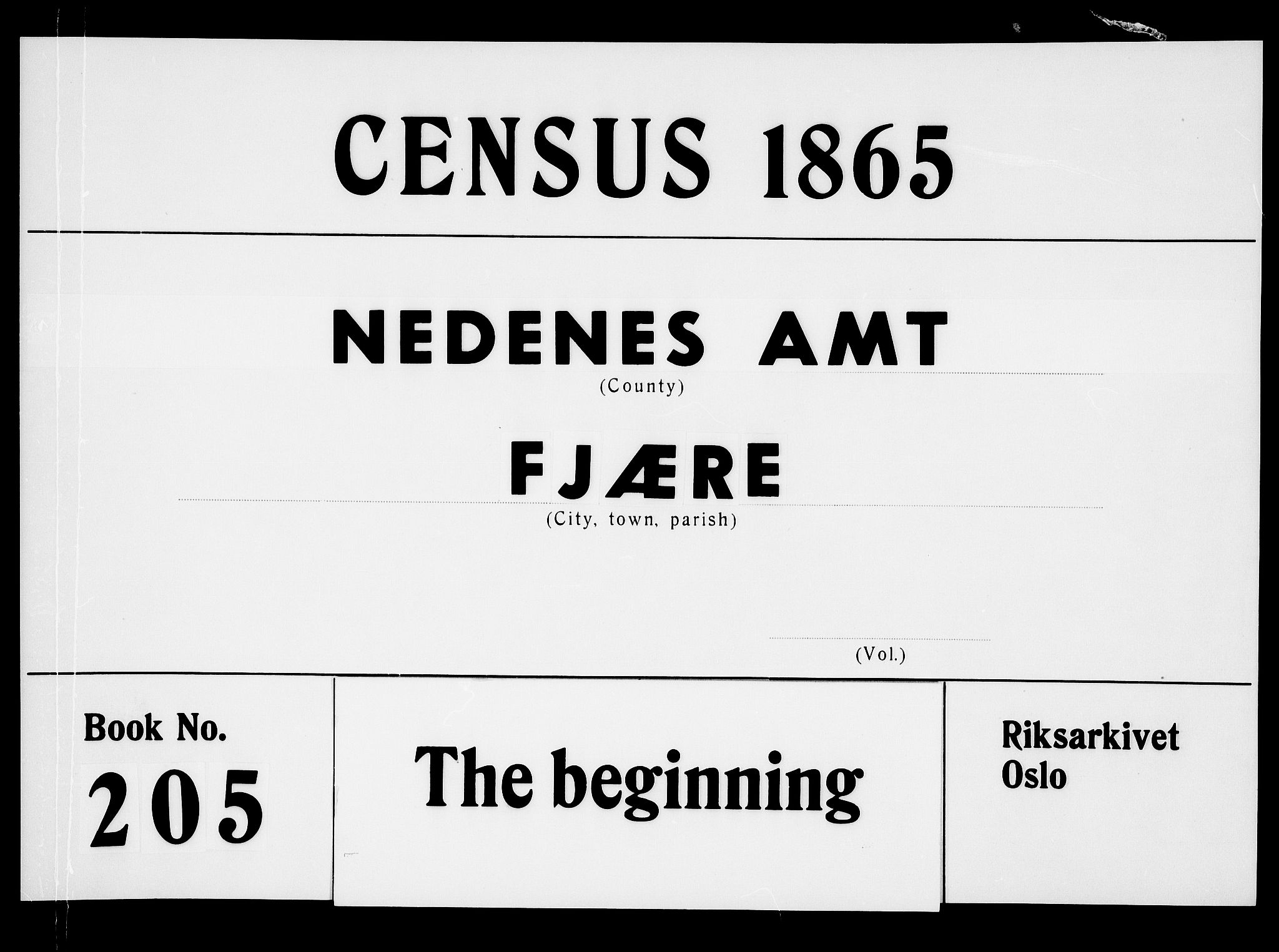 RA, Folketelling 1865 for 0923L Fjære prestegjeld, Fjære sokn, 1865, s. 1