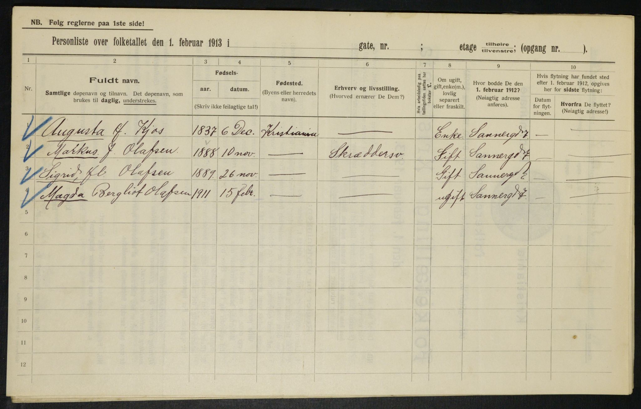 OBA, Kommunal folketelling 1.2.1913 for Kristiania, 1913, s. 88478