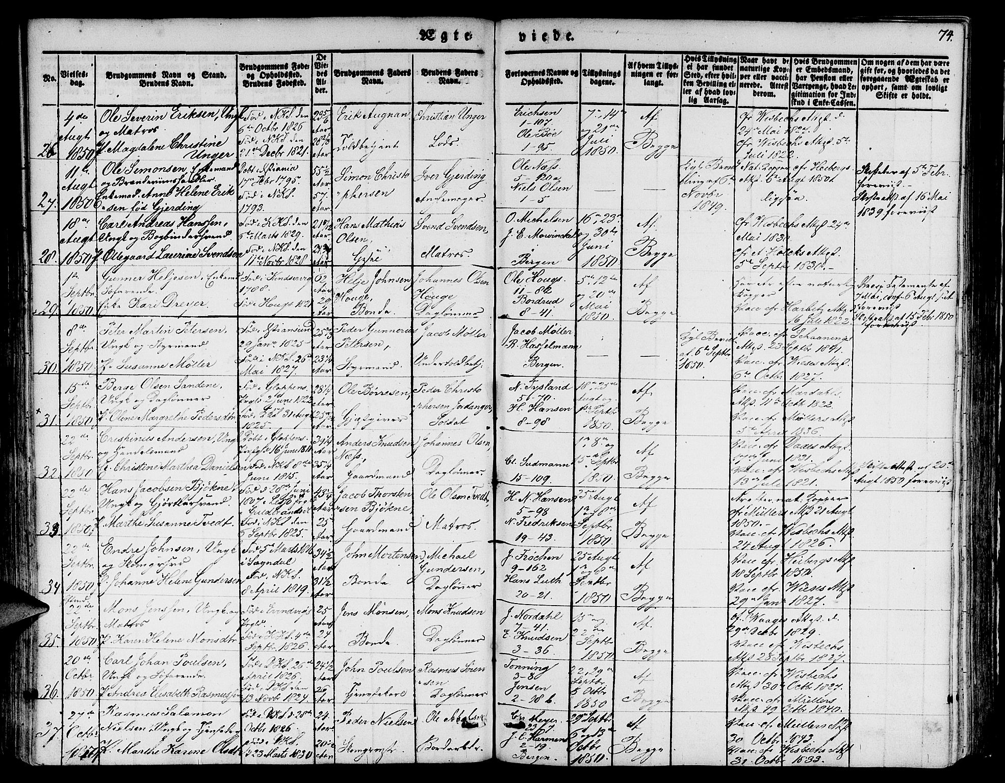 Nykirken Sokneprestembete, AV/SAB-A-77101/H/Hab: Klokkerbok nr. D 1, 1832-1867, s. 74
