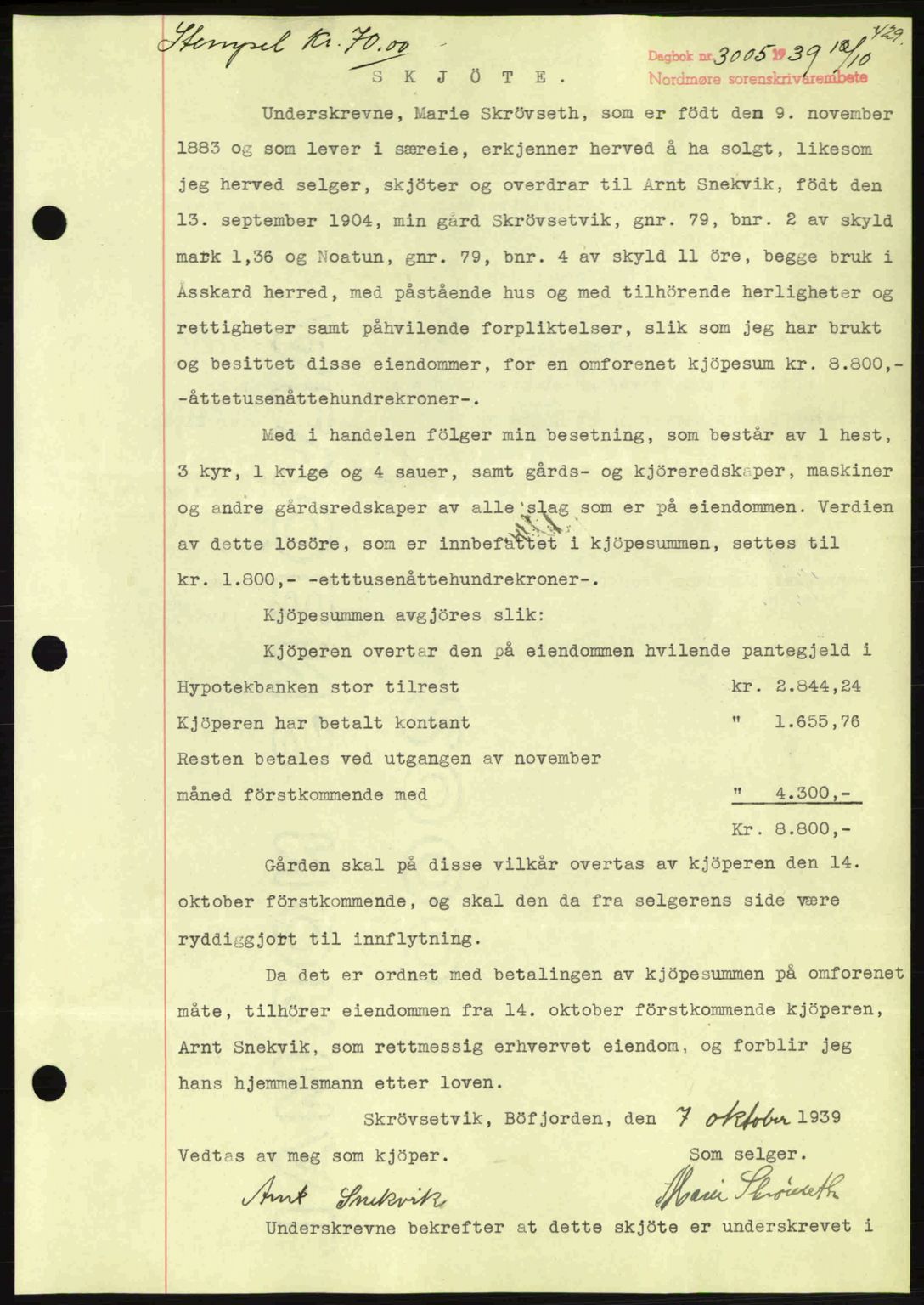 Nordmøre sorenskriveri, AV/SAT-A-4132/1/2/2Ca: Pantebok nr. A87, 1939-1940, Dagboknr: 3005/1939