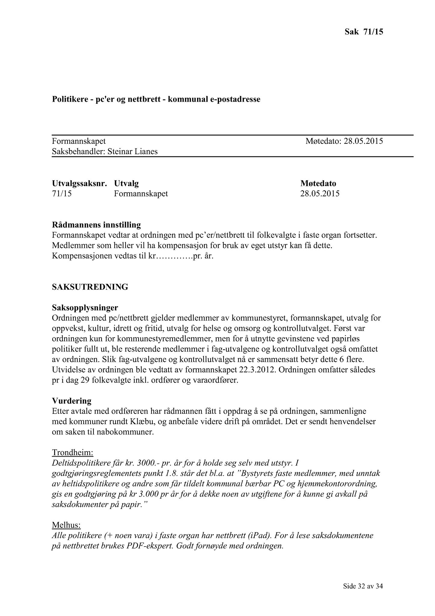 Klæbu Kommune, TRKO/KK/02-FS/L008: Formannsskapet - Møtedokumenter, 2015, s. 1798