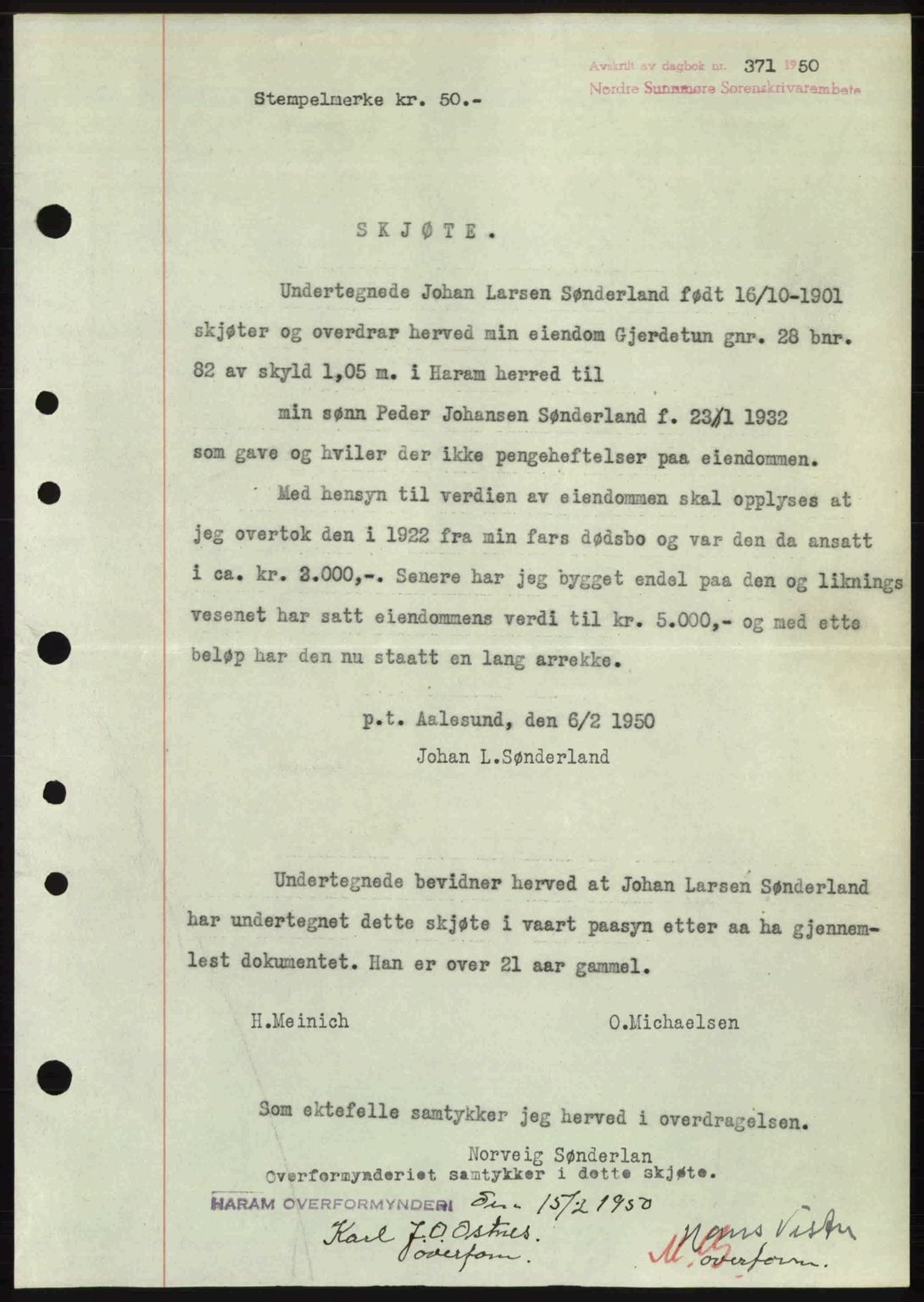 Nordre Sunnmøre sorenskriveri, SAT/A-0006/1/2/2C/2Ca: Pantebok nr. A33, 1949-1950, Dagboknr: 371/1950