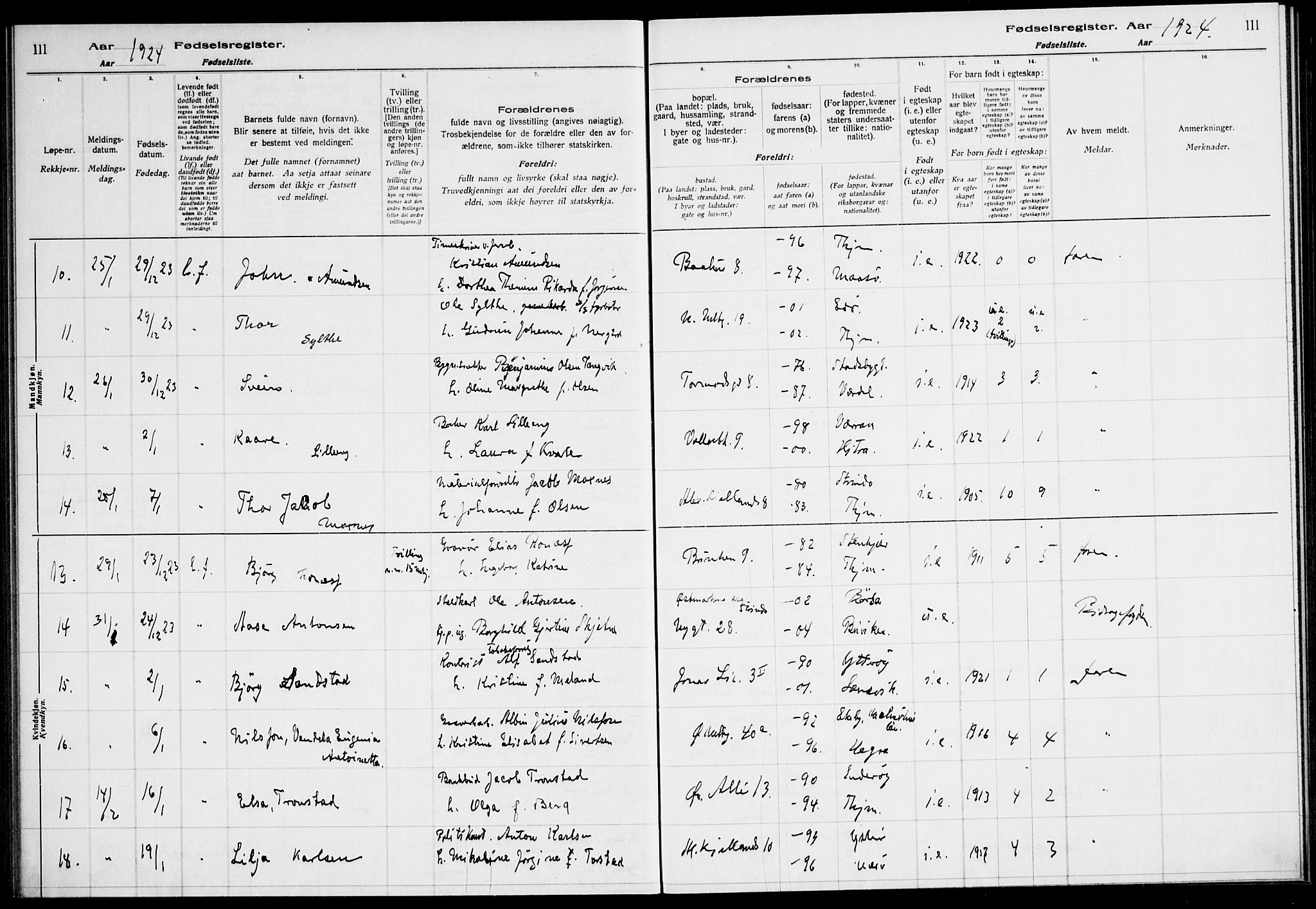 Ministerialprotokoller, klokkerbøker og fødselsregistre - Sør-Trøndelag, SAT/A-1456/604/L0233: Fødselsregister nr. 604.II.4.2, 1920-1928, s. 111