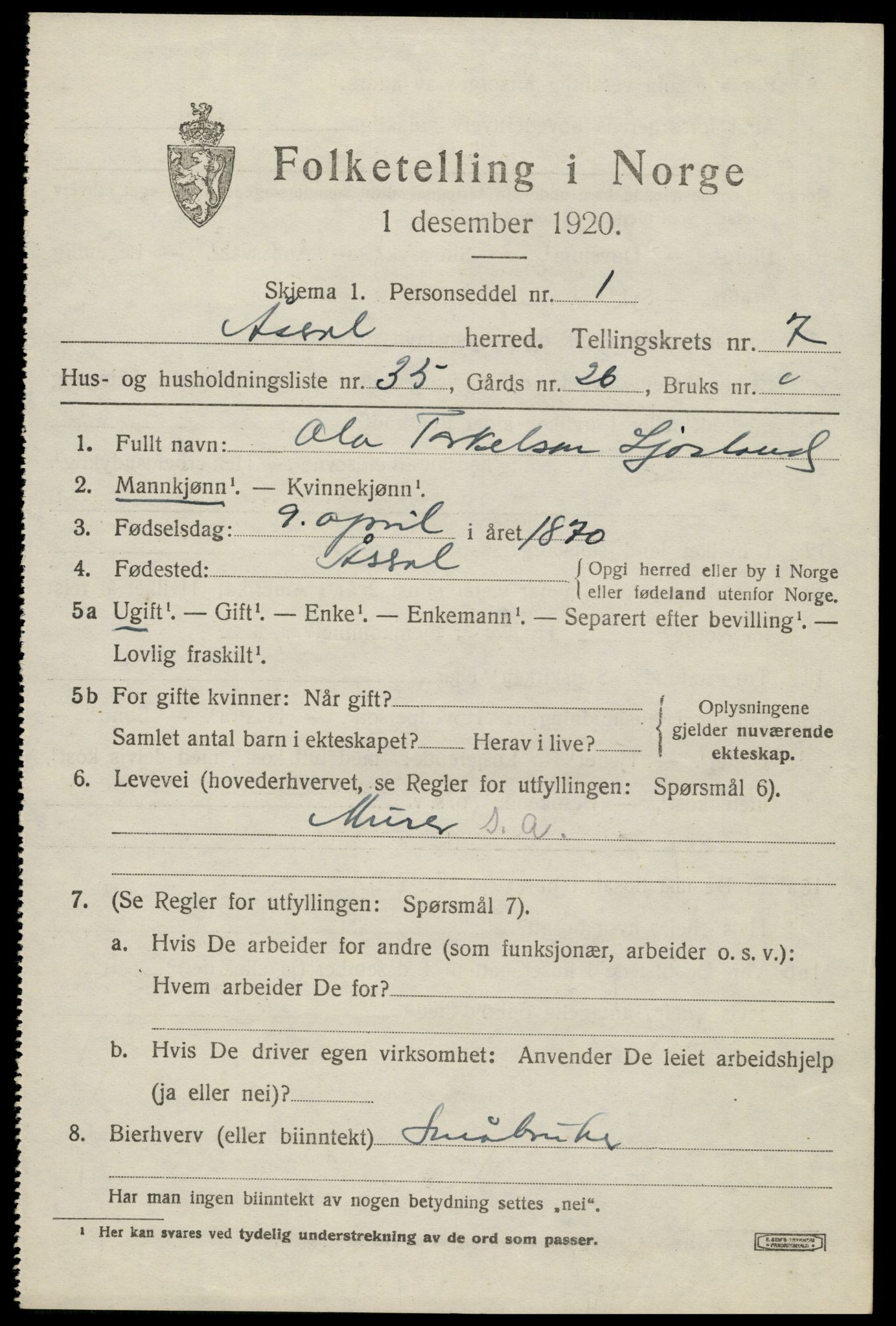 SAK, Folketelling 1920 for 1026 Åseral herred, 1920, s. 2436