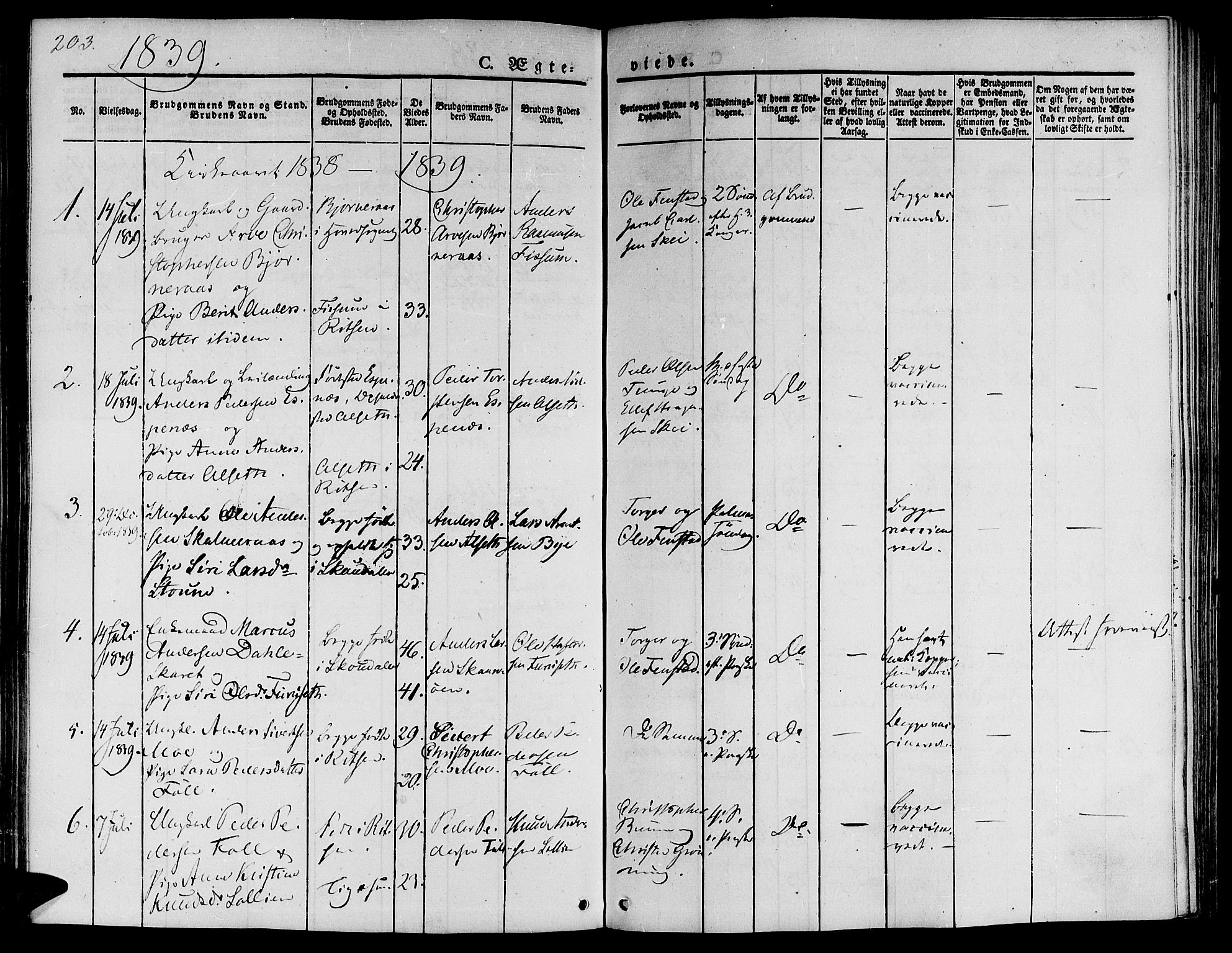 Ministerialprotokoller, klokkerbøker og fødselsregistre - Sør-Trøndelag, SAT/A-1456/646/L0610: Ministerialbok nr. 646A08, 1837-1847, s. 203