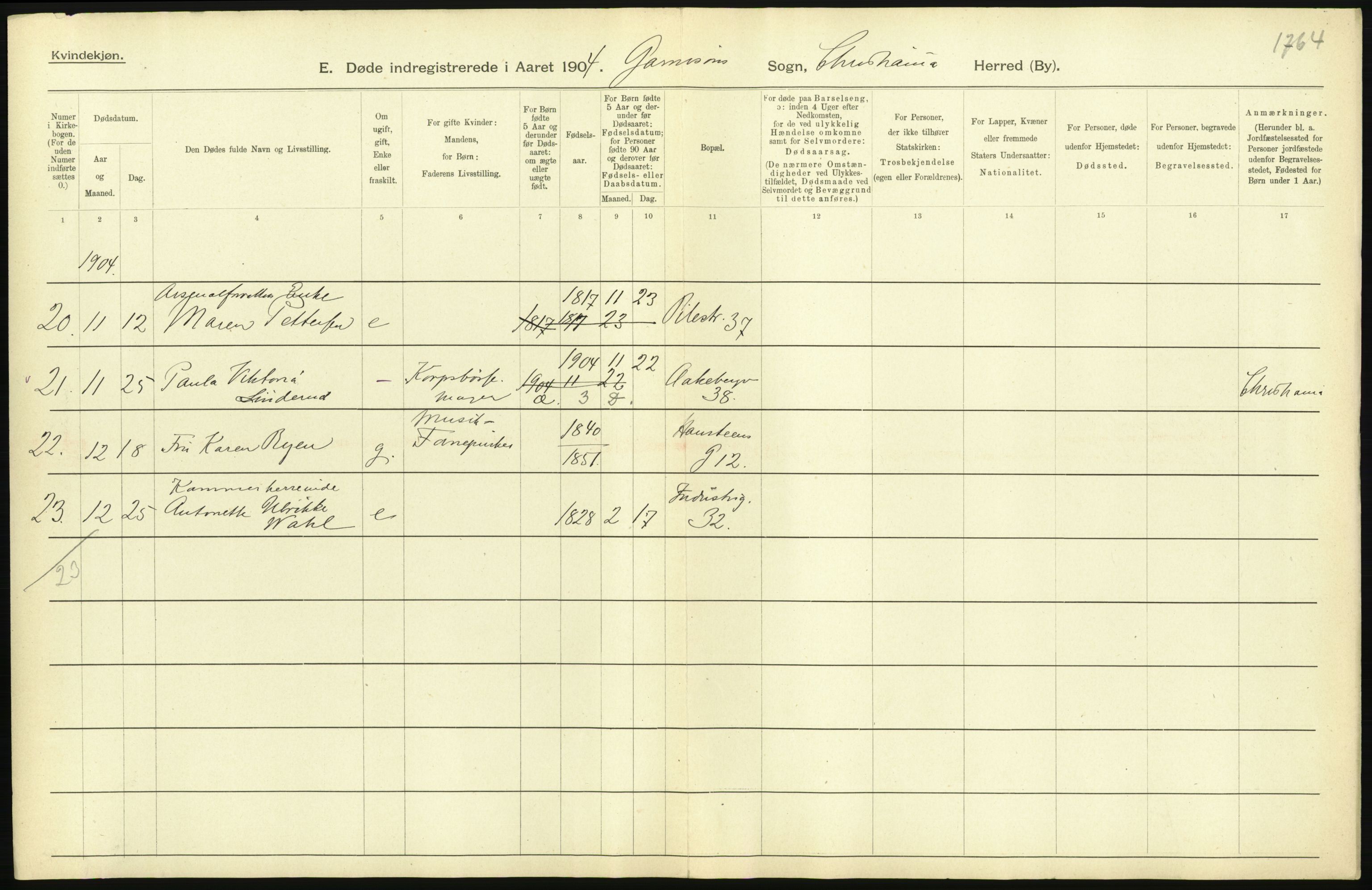 Statistisk sentralbyrå, Sosiodemografiske emner, Befolkning, RA/S-2228/D/Df/Dfa/Dfab/L0004: Kristiania: Gifte, døde, 1904, s. 447