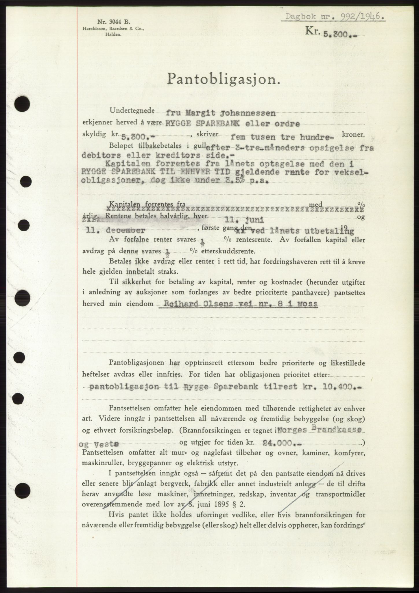 Moss sorenskriveri, SAO/A-10168: Pantebok nr. B15, 1946-1946, Dagboknr: 992/1946
