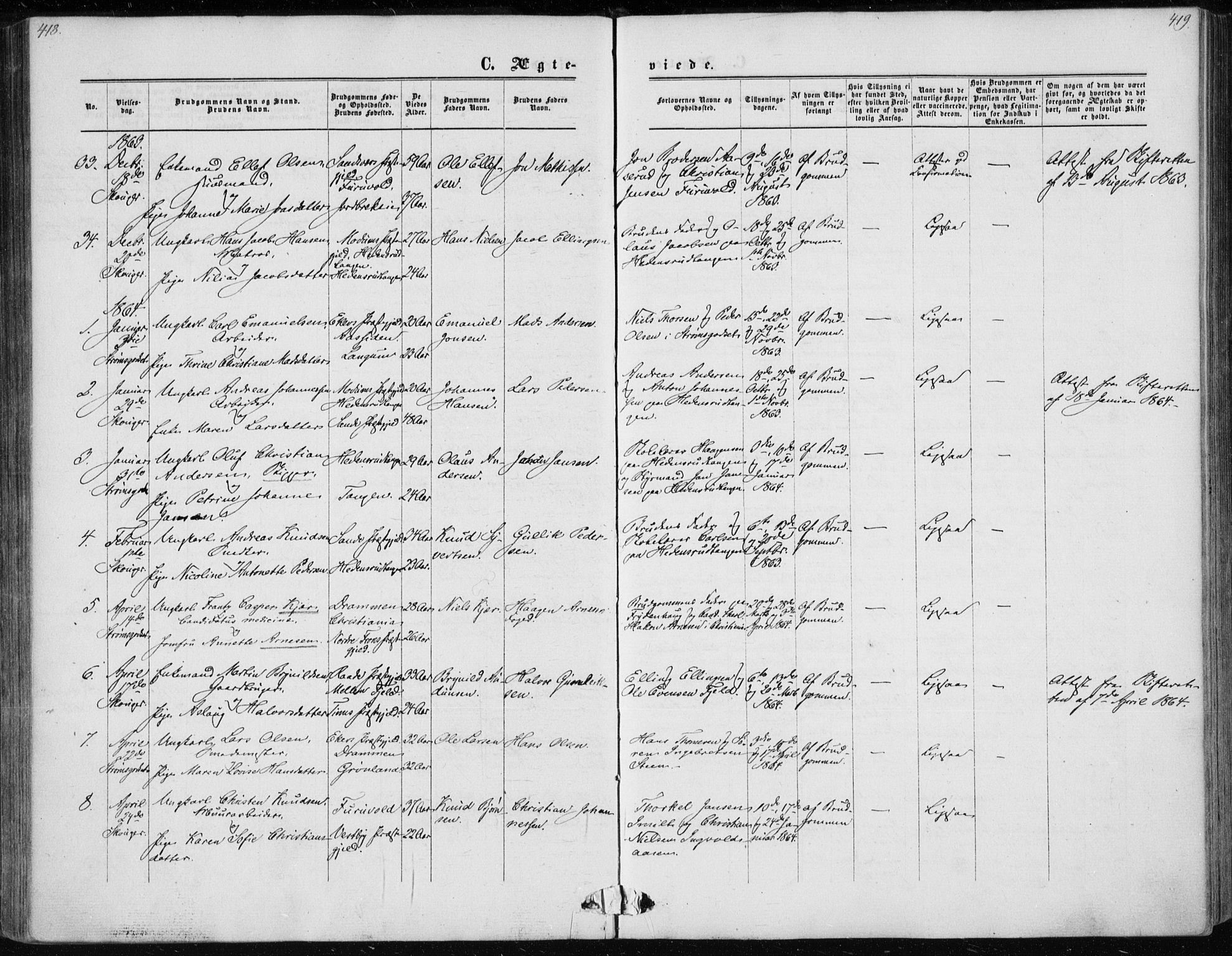Skoger kirkebøker, AV/SAKO-A-59/F/Fa/L0004: Ministerialbok nr. I 4, 1862-1872, s. 418-419