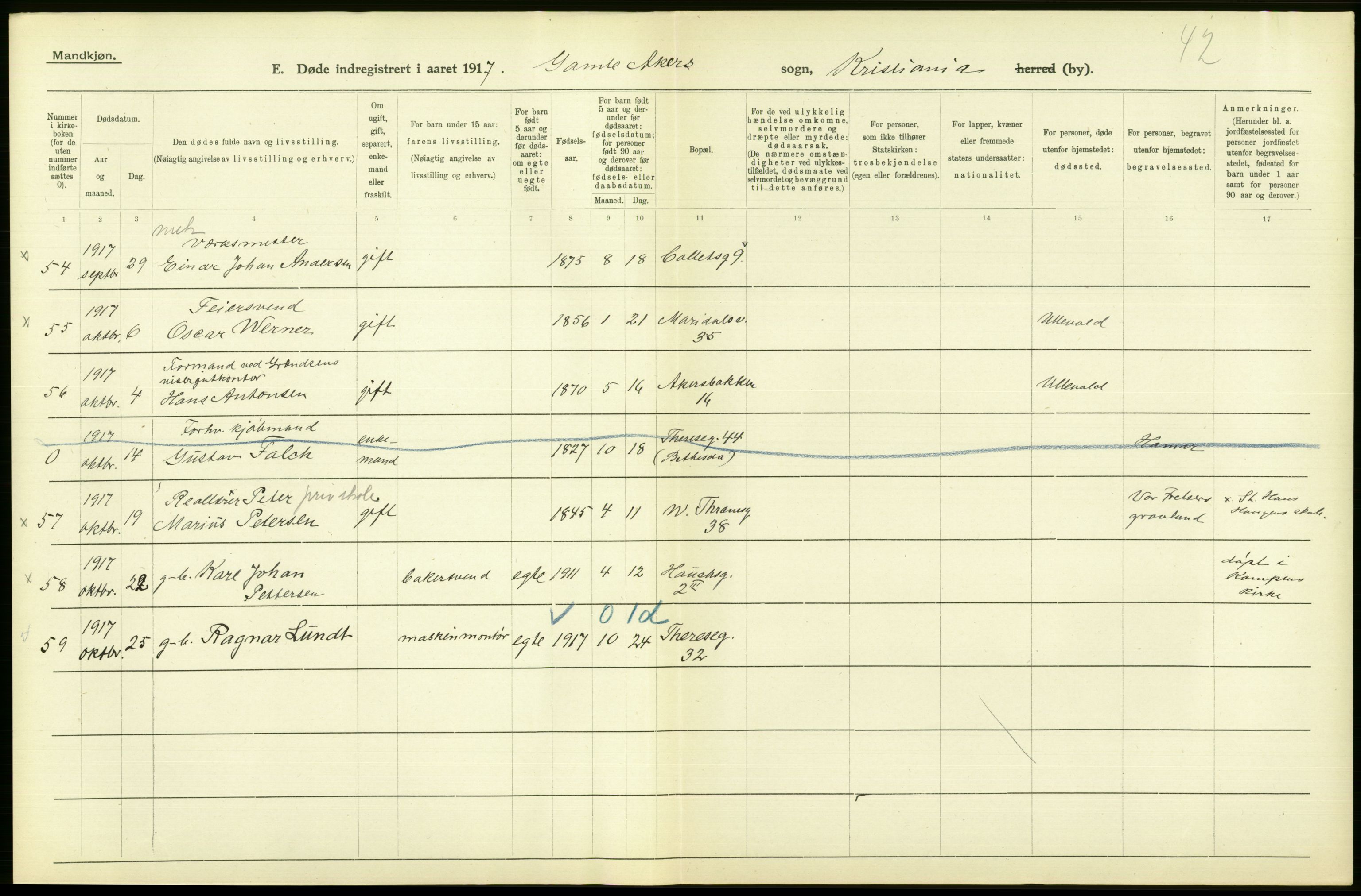 Statistisk sentralbyrå, Sosiodemografiske emner, Befolkning, AV/RA-S-2228/D/Df/Dfb/Dfbg/L0010: Kristiania: Døde, 1917, s. 562