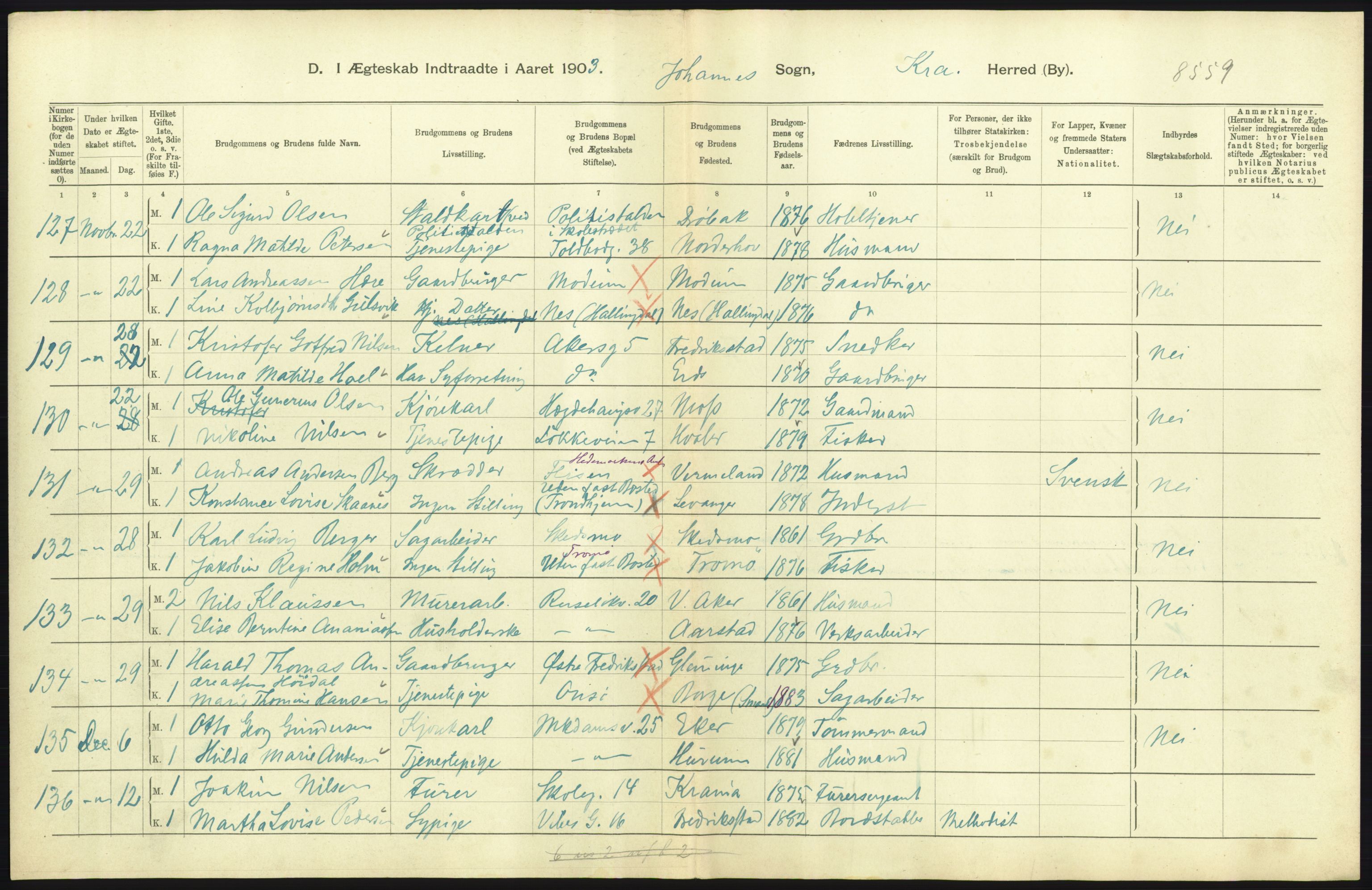 Statistisk sentralbyrå, Sosiodemografiske emner, Befolkning, AV/RA-S-2228/D/Df/Dfa/Dfaa/L0004: Kristiania: Gifte, døde, 1903, s. 547