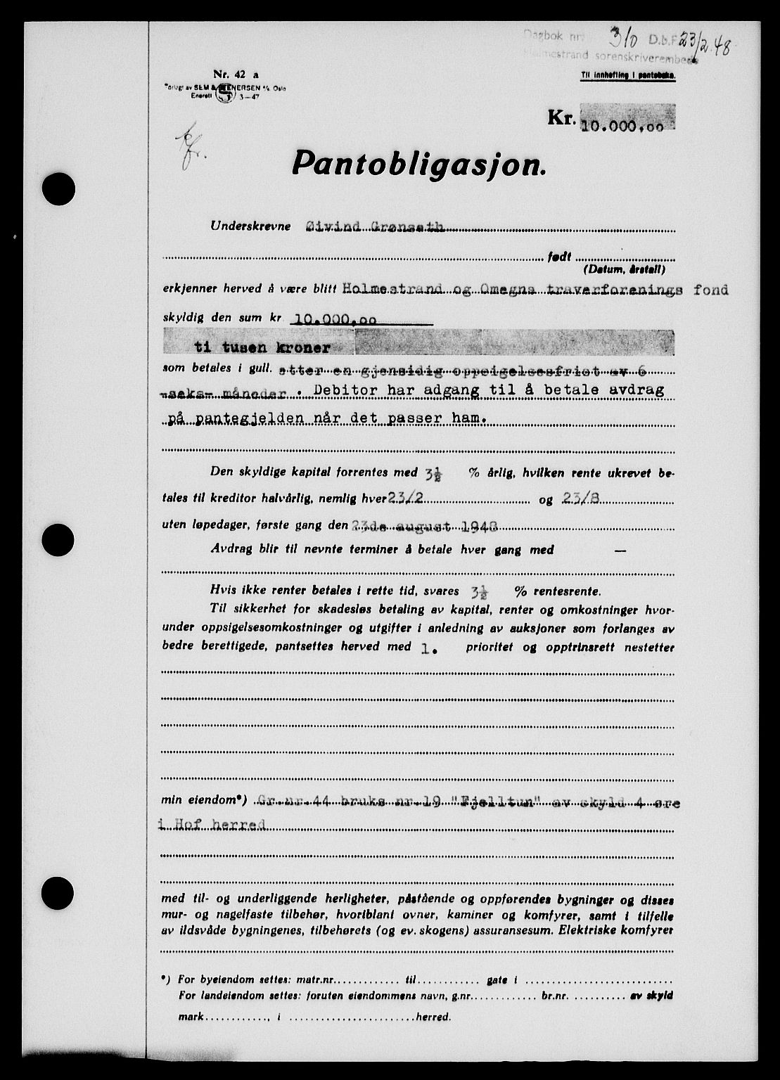 Holmestrand sorenskriveri, SAKO/A-67/G/Ga/Gab/L0058: Pantebok nr. B-58, 1947-1948, Dagboknr: 310/1948