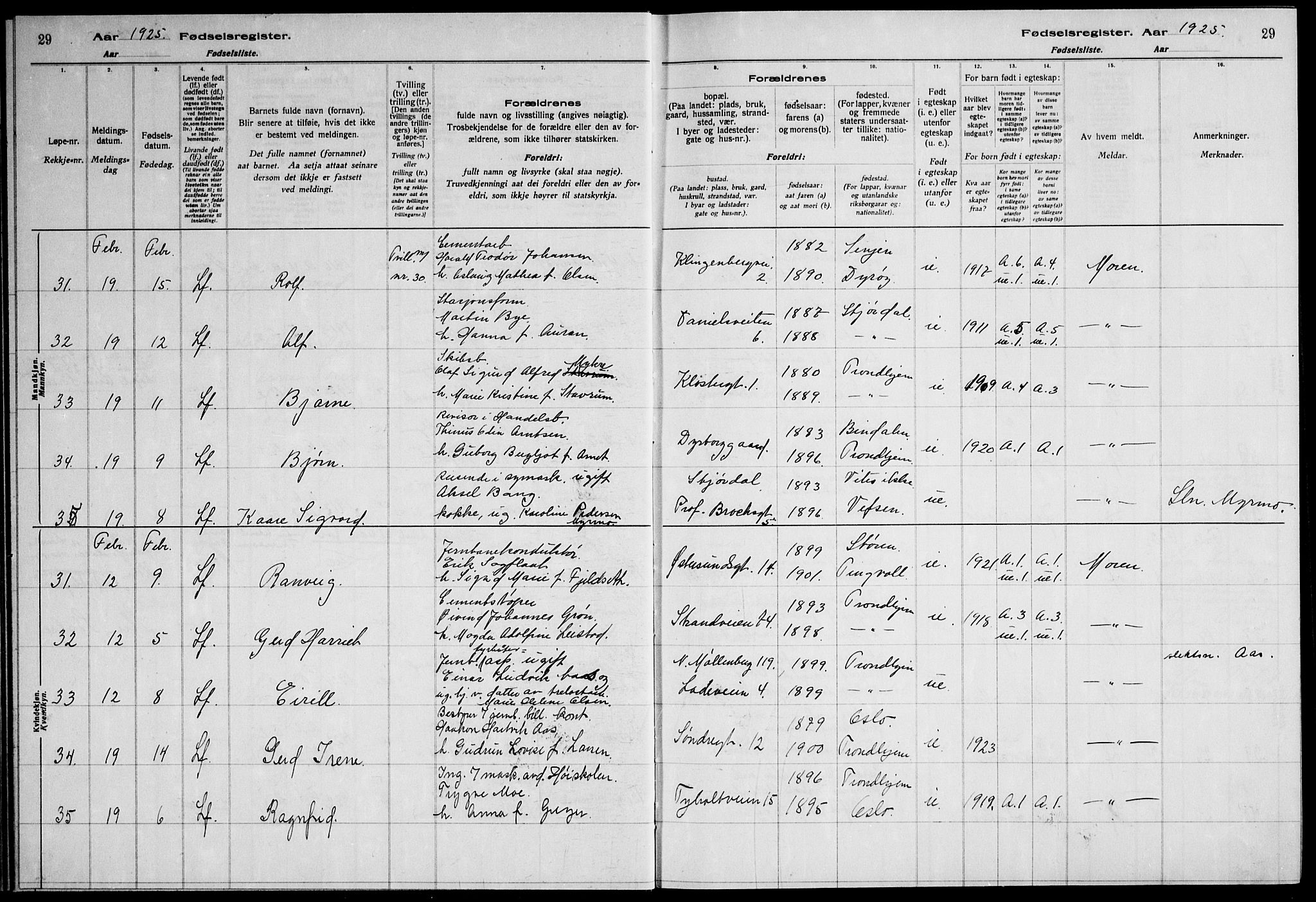 Ministerialprotokoller, klokkerbøker og fødselsregistre - Sør-Trøndelag, AV/SAT-A-1456/600/L0004: Fødselsregister nr. 600.II.4.3, 1924-1928, s. 29