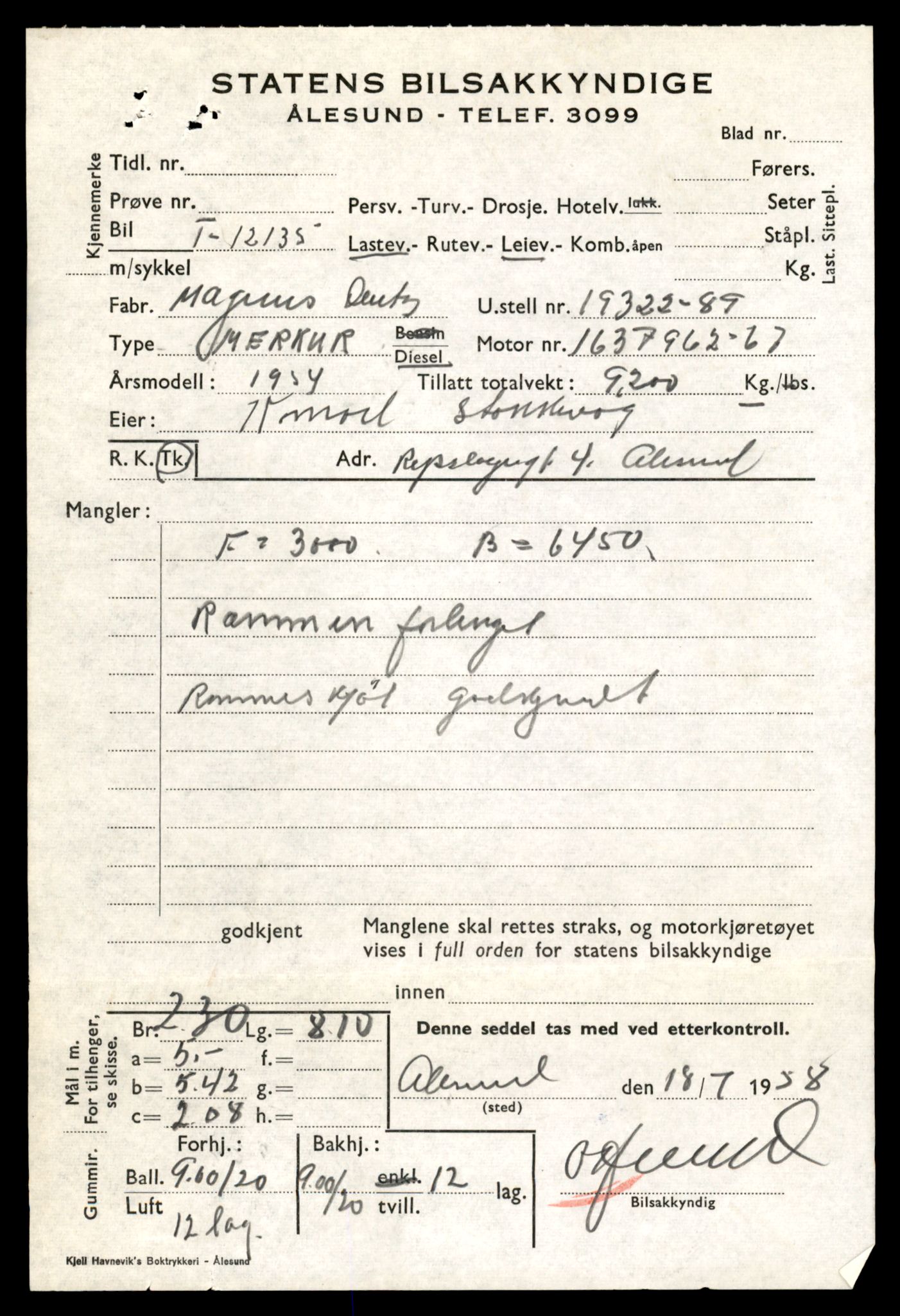 Møre og Romsdal vegkontor - Ålesund trafikkstasjon, AV/SAT-A-4099/F/Fe/L0033: Registreringskort for kjøretøy T 12151 - T 12474, 1927-1998, s. 1603
