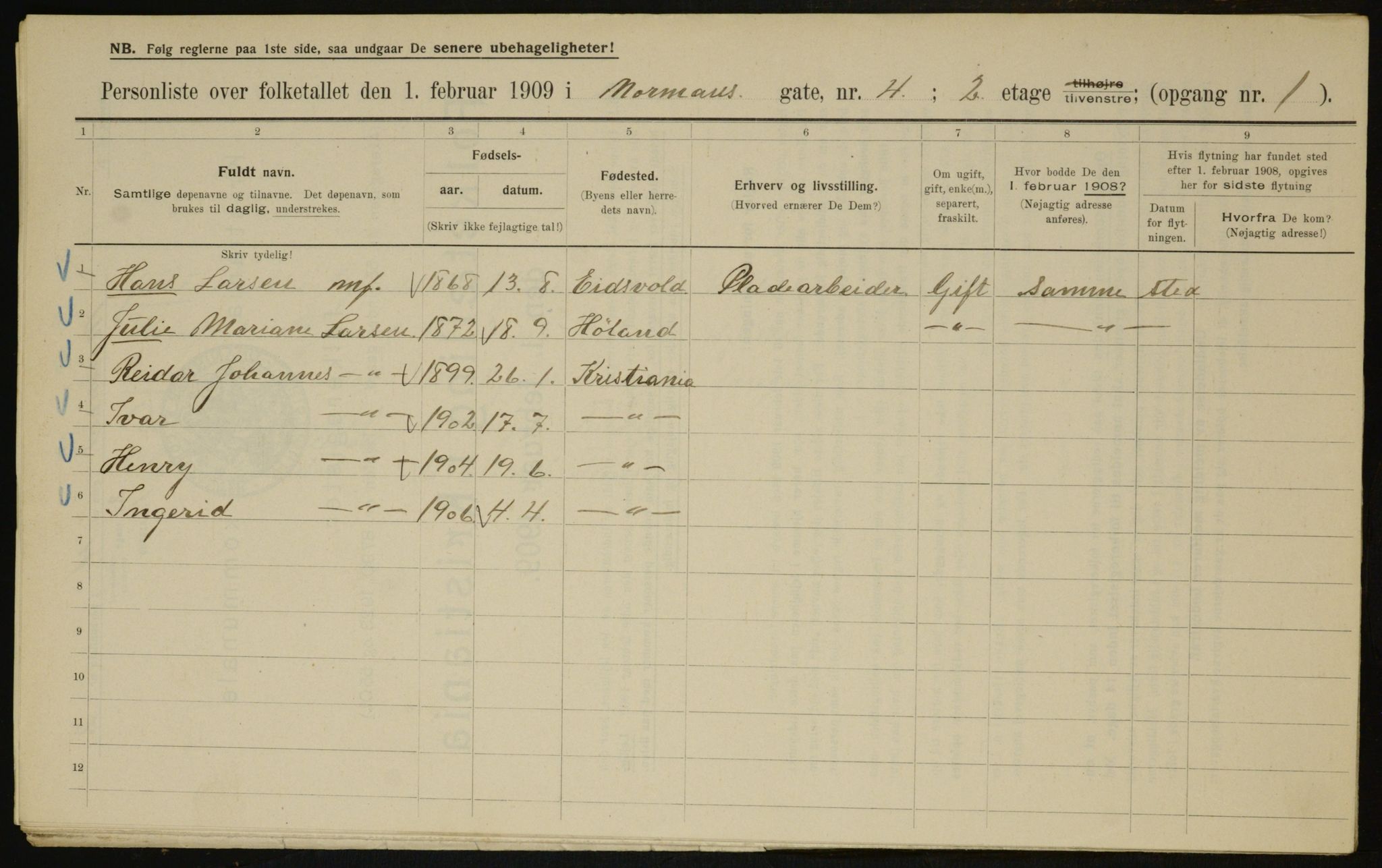 OBA, Kommunal folketelling 1.2.1909 for Kristiania kjøpstad, 1909, s. 66172