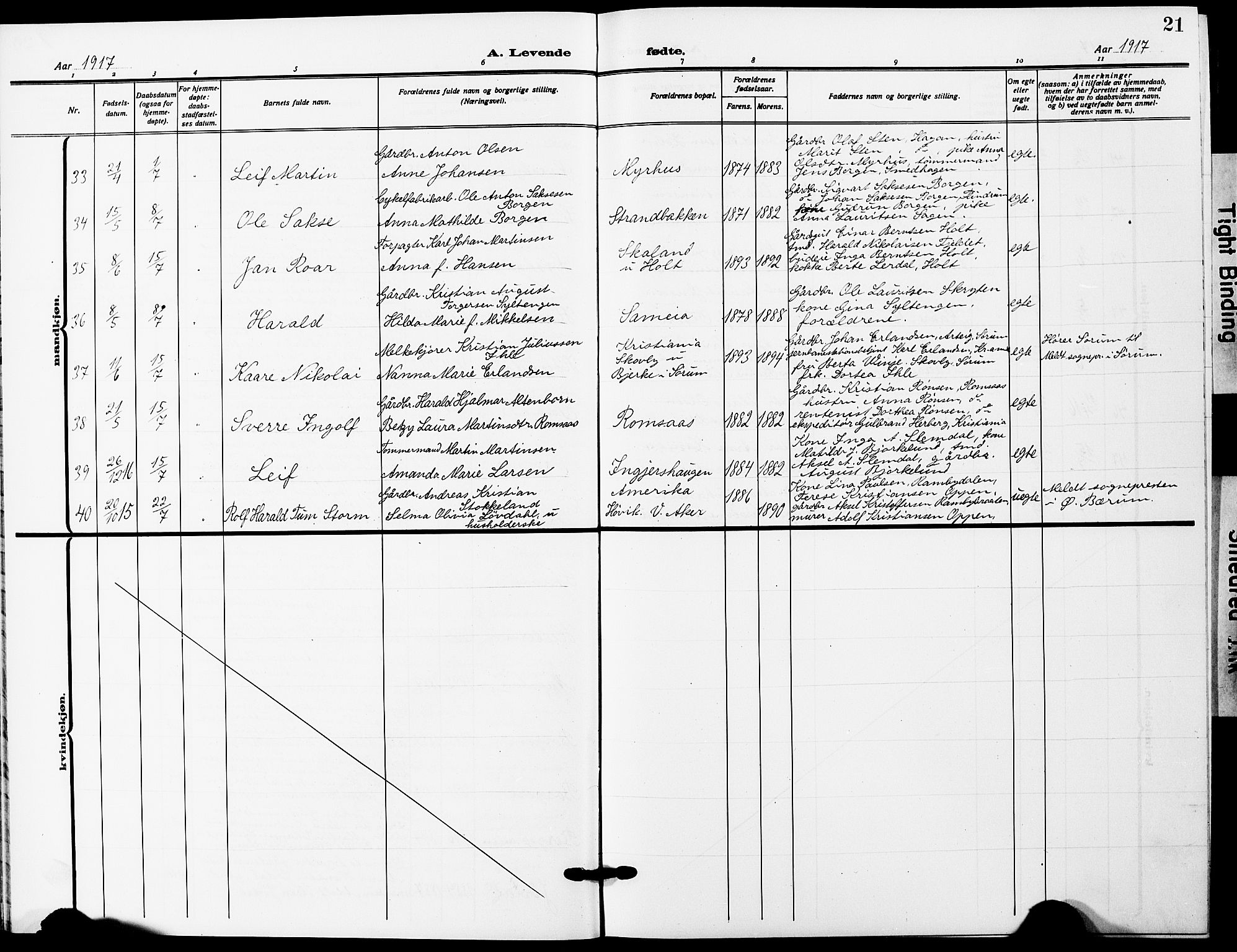 Ullensaker prestekontor Kirkebøker, AV/SAO-A-10236a/G/Ga/L0003: Klokkerbok nr. I 3, 1914-1929, s. 21