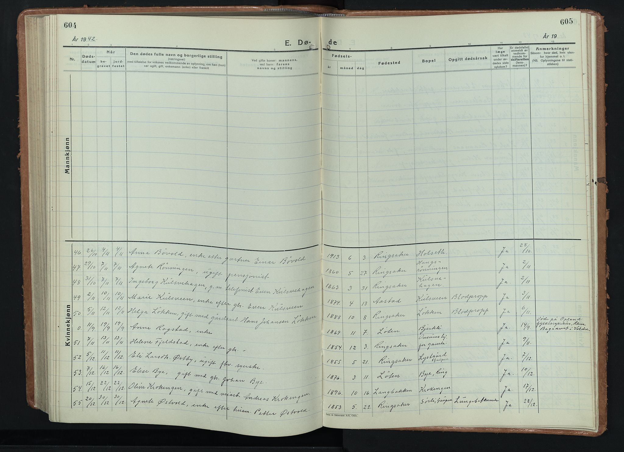 Ringsaker prestekontor, AV/SAH-PREST-014/L/La/L0020: Klokkerbok nr. 20, 1934-1946, s. 604-605