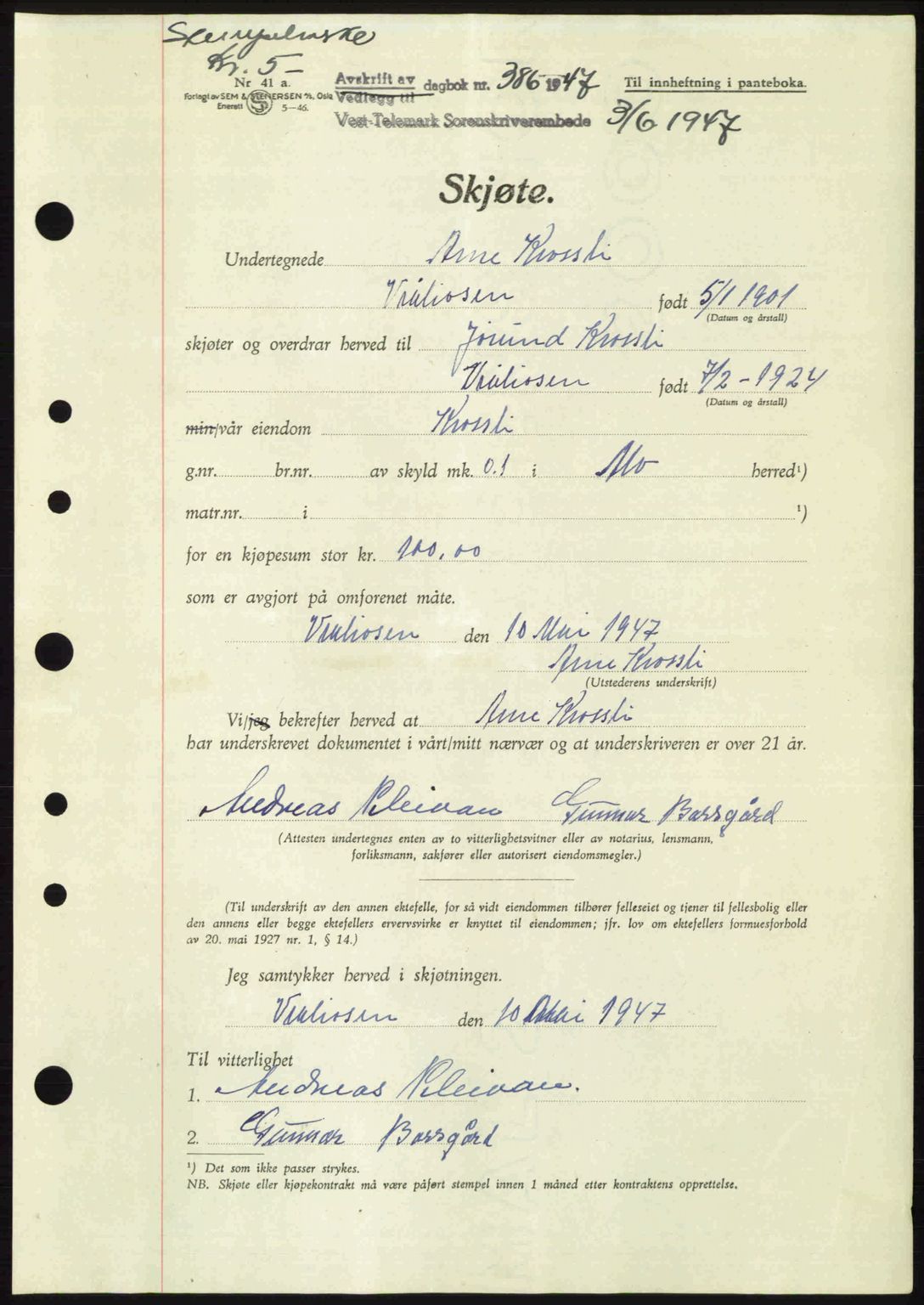 Vest-Telemark sorenskriveri, SAKO/A-134/G/Ga/Gac/L0008: Pantebok nr. A-8, 1947-1948, Dagboknr: 386/1947