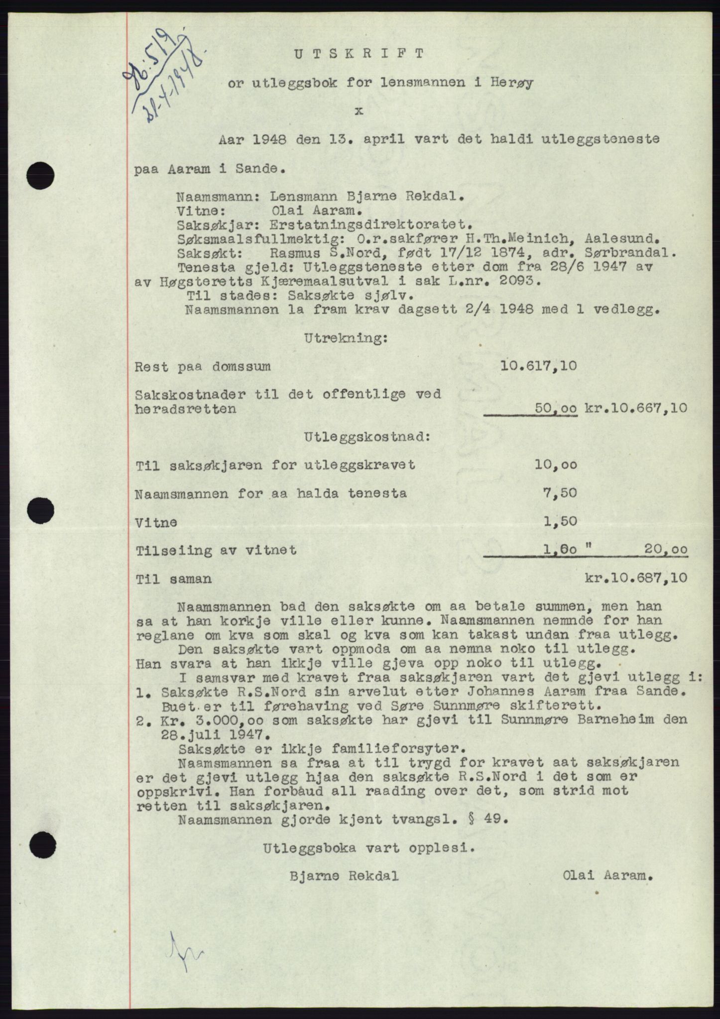 Søre Sunnmøre sorenskriveri, AV/SAT-A-4122/1/2/2C/L0115: Pantebok nr. 3B, 1947-1948, Dagboknr: 519/1948