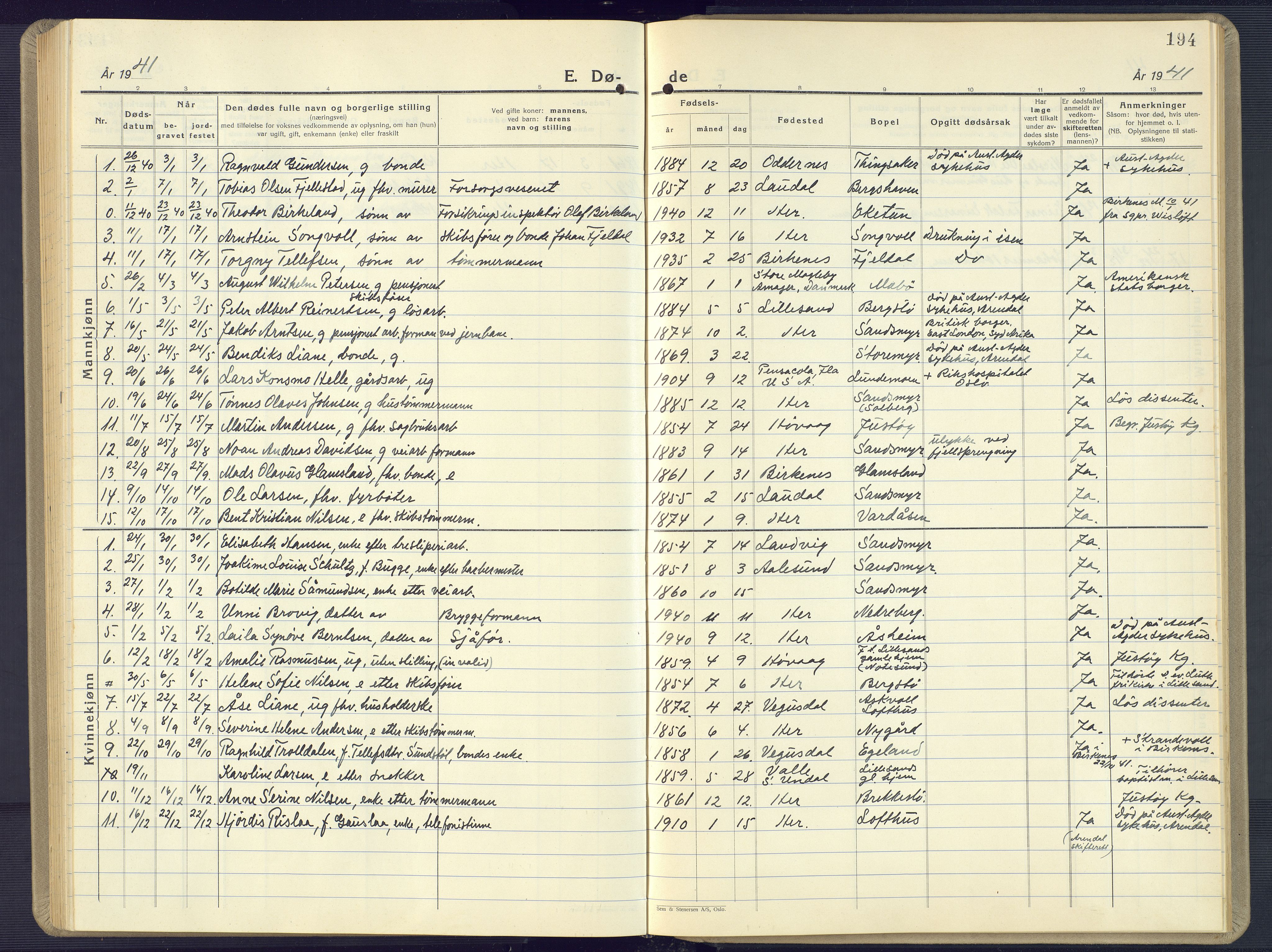 Vestre Moland sokneprestkontor, SAK/1111-0046/F/Fb/Fbb/L0008: Klokkerbok nr. B 8, 1930-1966, s. 194