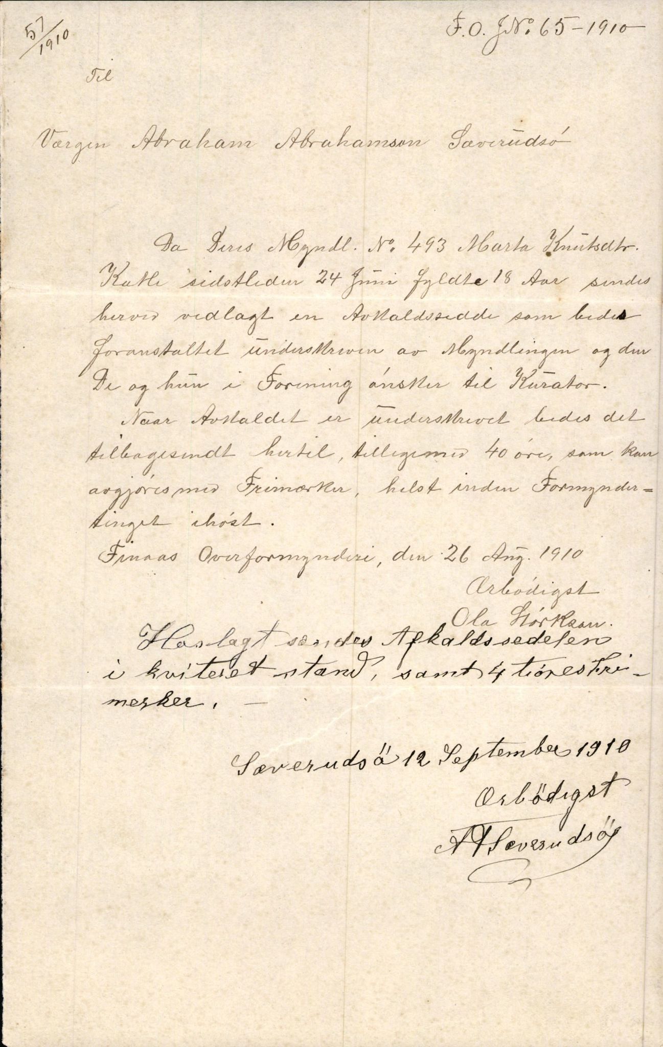 Finnaas kommune. Overformynderiet, IKAH/1218a-812/D/Da/Daa/L0002/0004: Kronologisk ordna korrespondanse / Kronologisk ordna korrespondanse, 1910-1913, s. 32