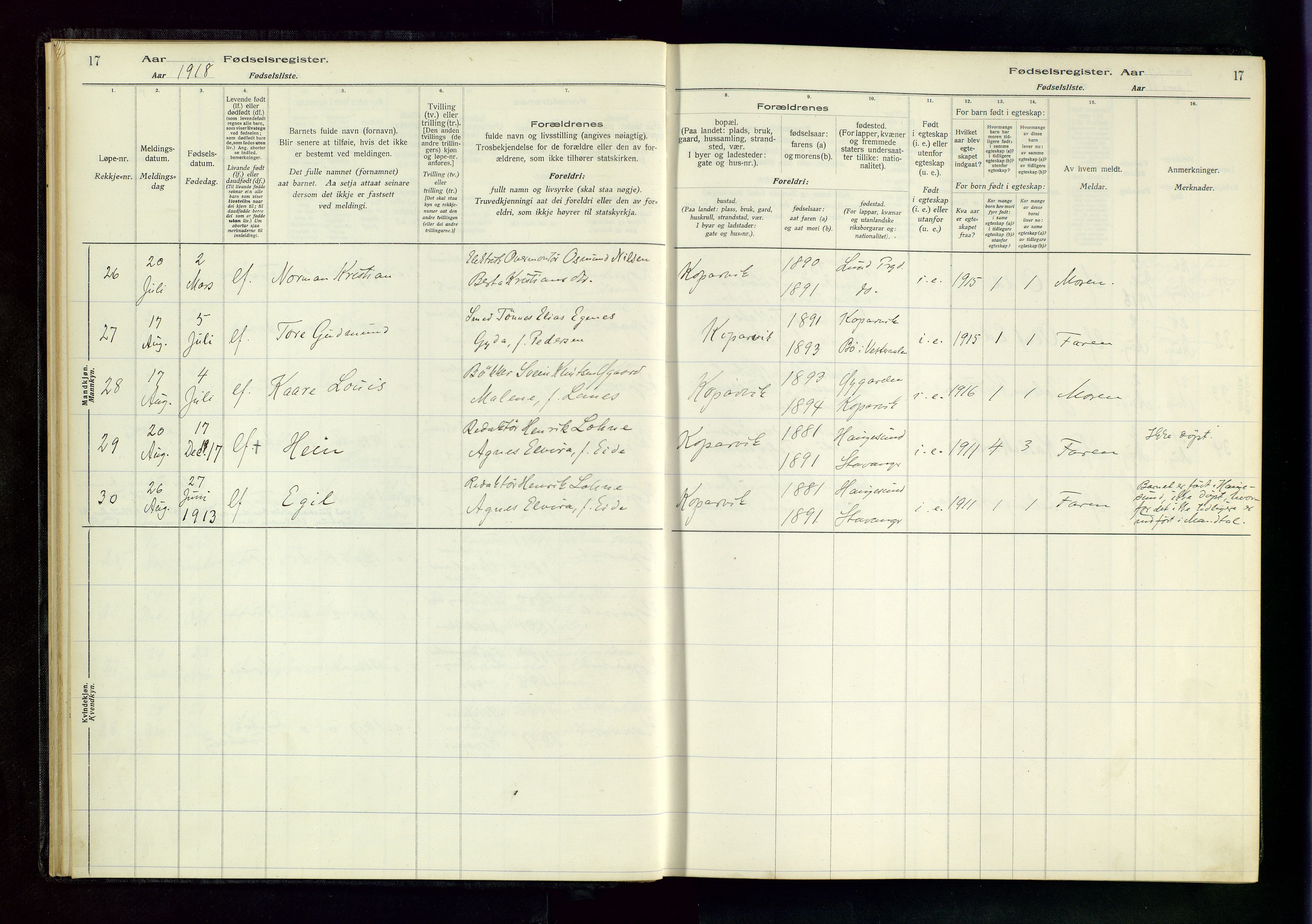 Kopervik sokneprestkontor, AV/SAST-A-101850/I/Id/L0001: Fødselsregister nr. 1, 1916-1952, s. 17