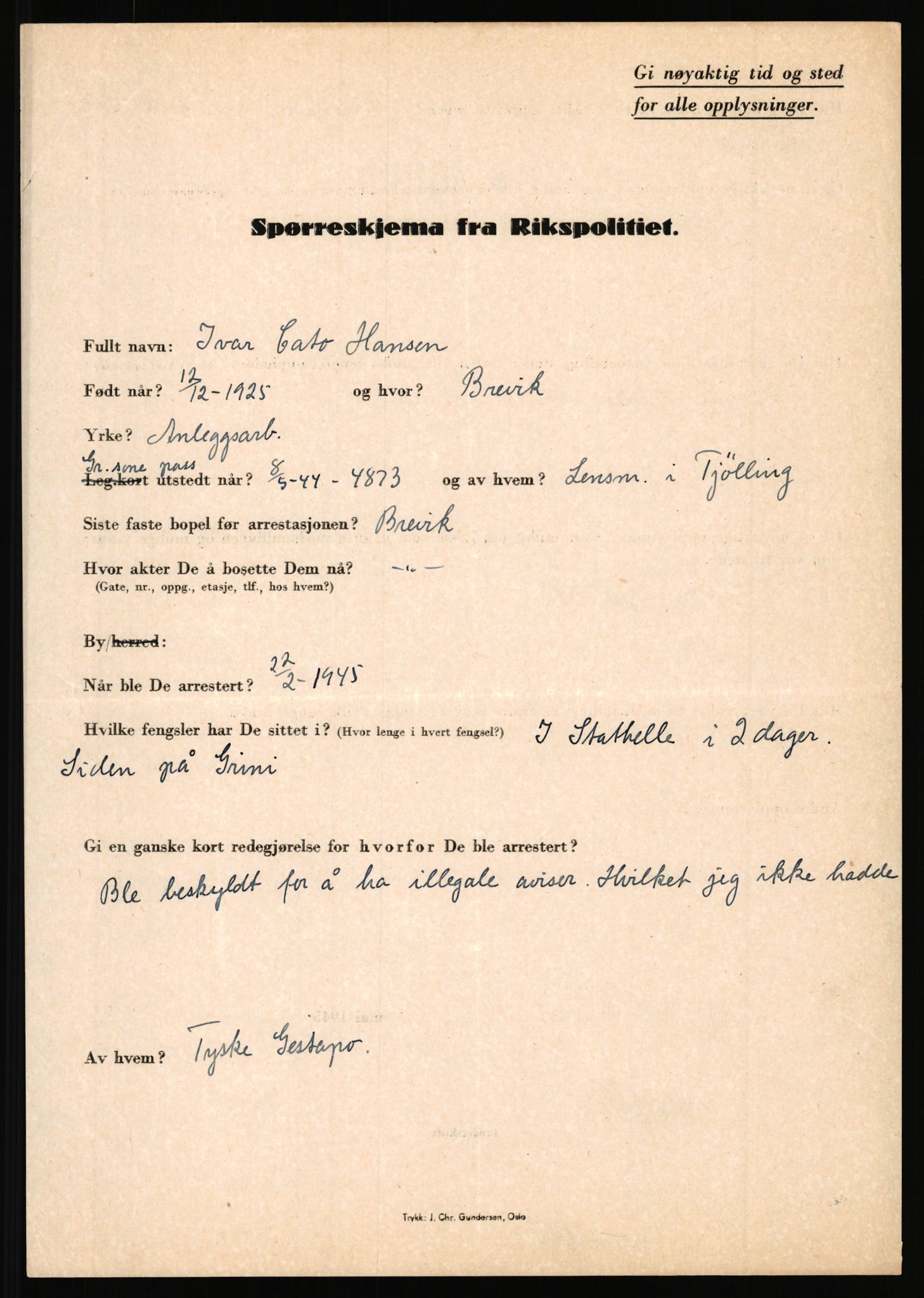 Rikspolitisjefen, AV/RA-S-1560/L/L0006: Hansen, Adolf Boye - Hemstad, Gunnar, 1940-1945, s. 245