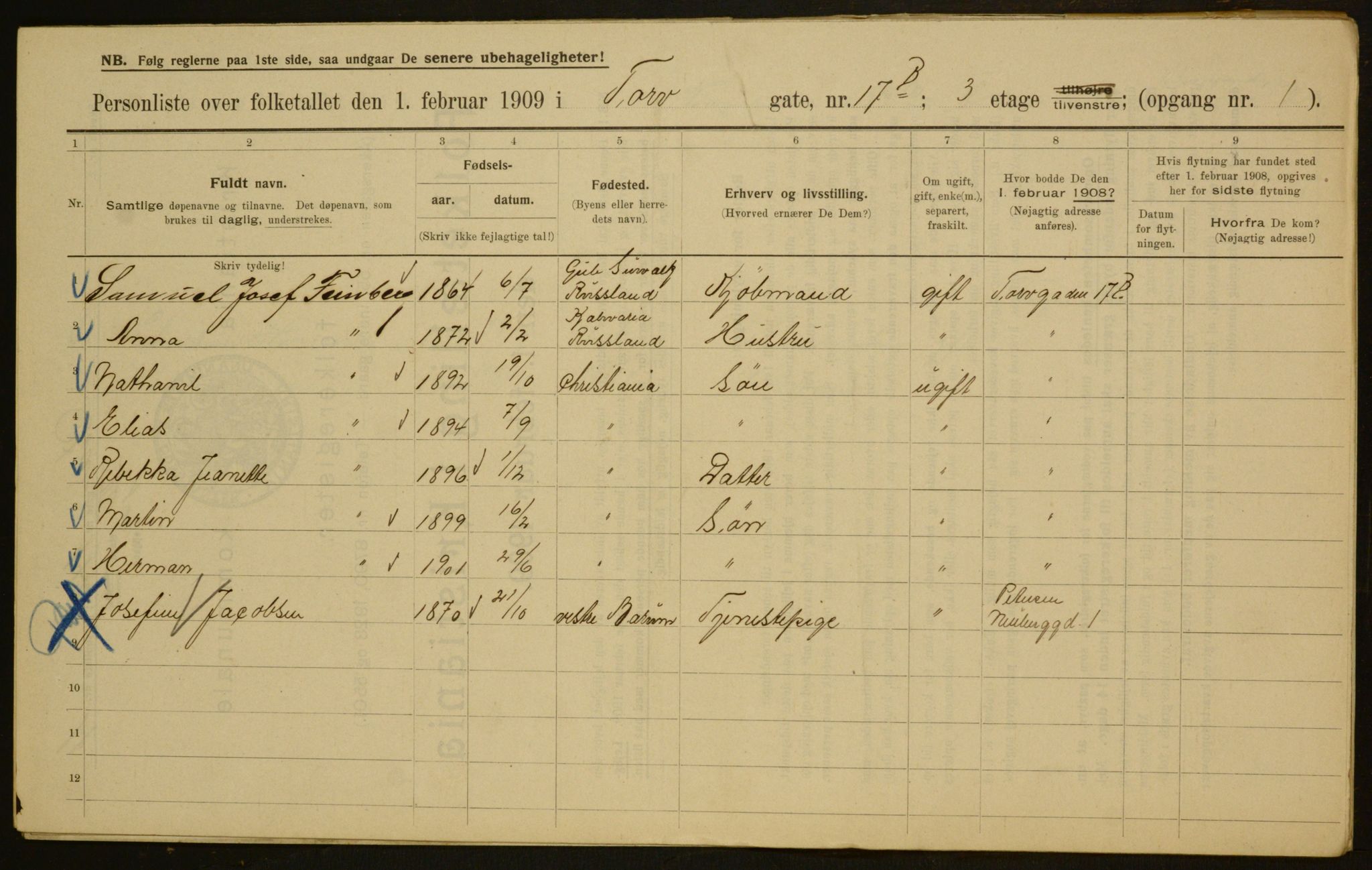 OBA, Kommunal folketelling 1.2.1909 for Kristiania kjøpstad, 1909, s. 103407