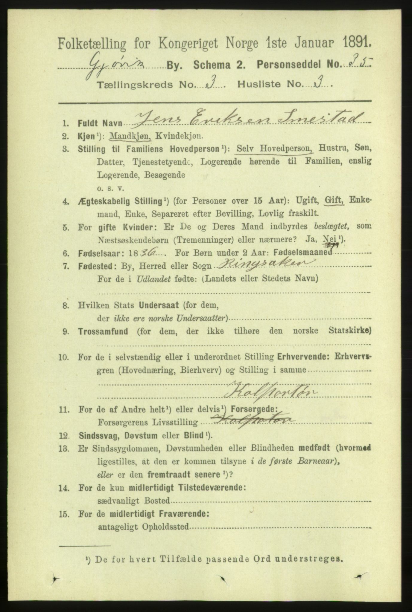 RA, Folketelling 1891 for 0502 Gjøvik kjøpstad, 1891, s. 1046