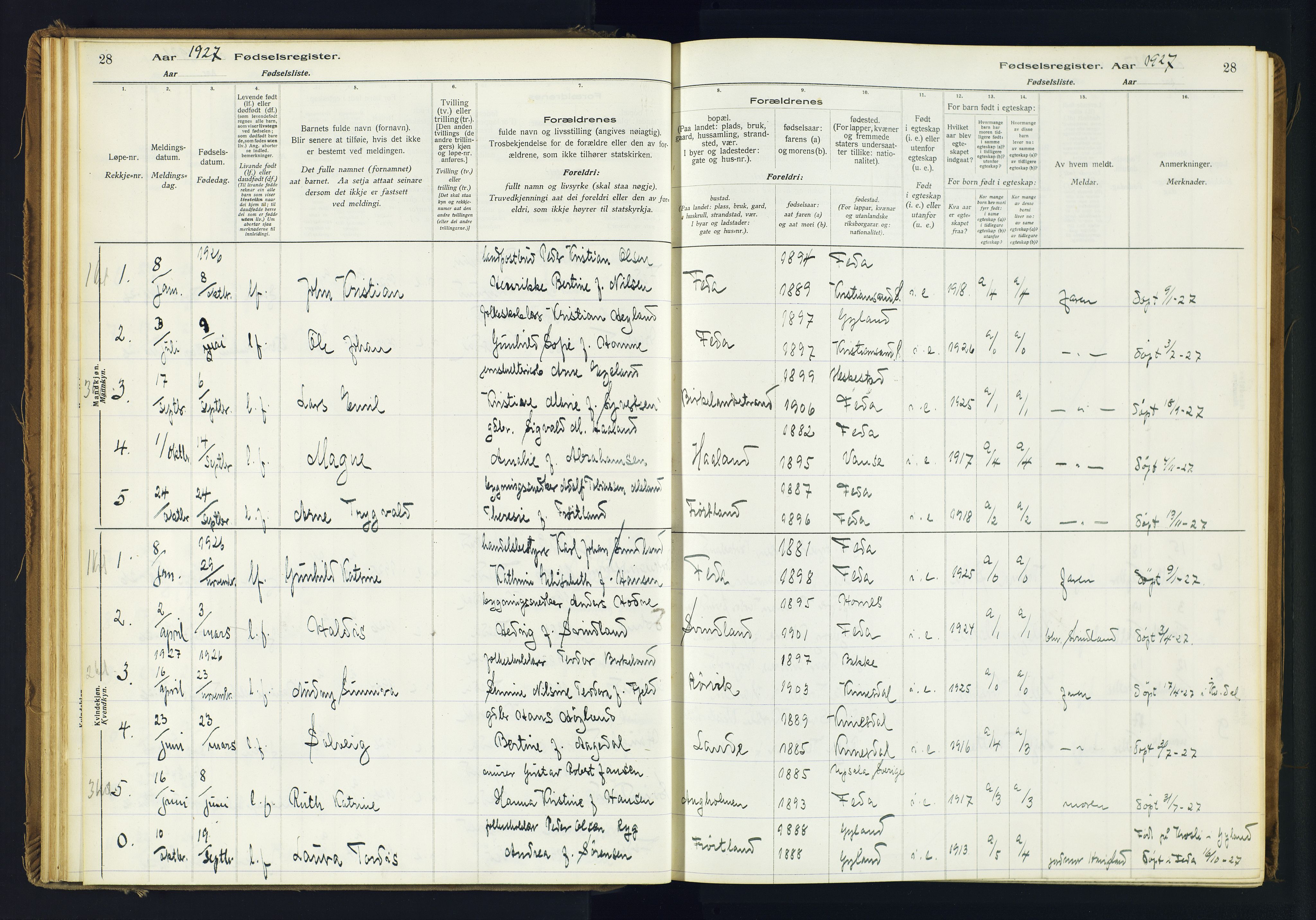 Kvinesdal sokneprestkontor, SAK/1111-0026/J/Ja/L0005: Fødselsregister nr. 5, 1916-1982, s. 28