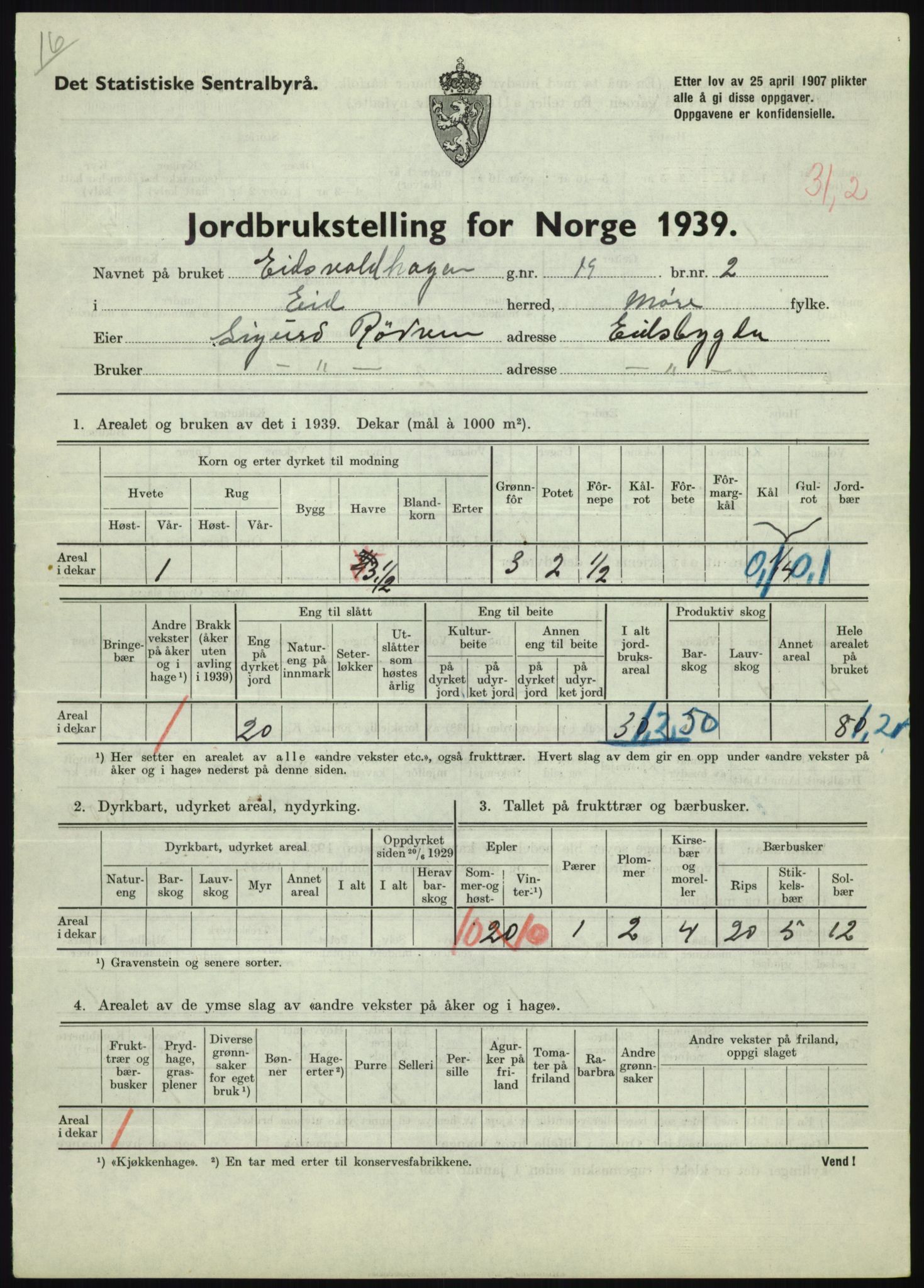 Statistisk sentralbyrå, Næringsøkonomiske emner, Jordbruk, skogbruk, jakt, fiske og fangst, AV/RA-S-2234/G/Gb/L0251: Møre og Romsdal: Voll, Eid, Grytten og Hen, 1939, s. 409