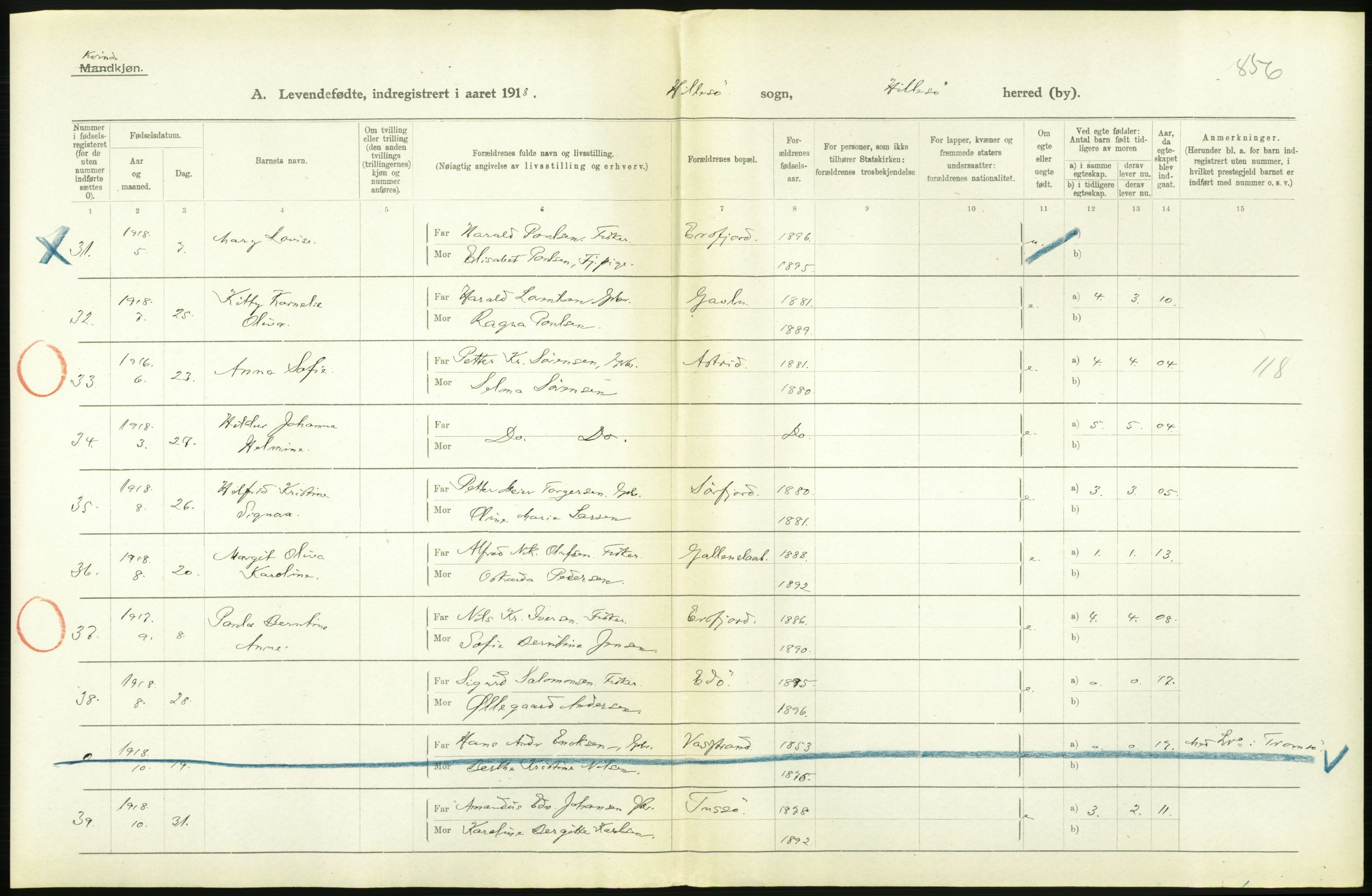 Statistisk sentralbyrå, Sosiodemografiske emner, Befolkning, RA/S-2228/D/Df/Dfb/Dfbh/L0056: Troms fylke: Levendefødte menn og kvinner. Bygder og byer., 1918, s. 158