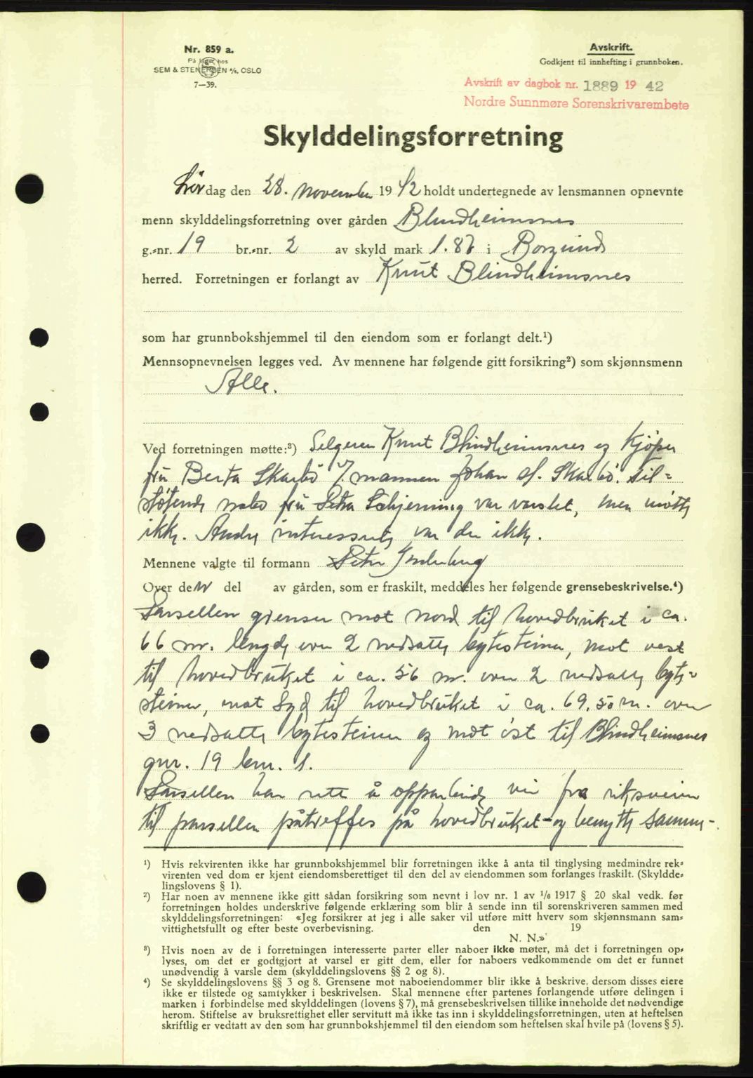 Nordre Sunnmøre sorenskriveri, AV/SAT-A-0006/1/2/2C/2Ca: Pantebok nr. A15, 1942-1943, Dagboknr: 1889/1942