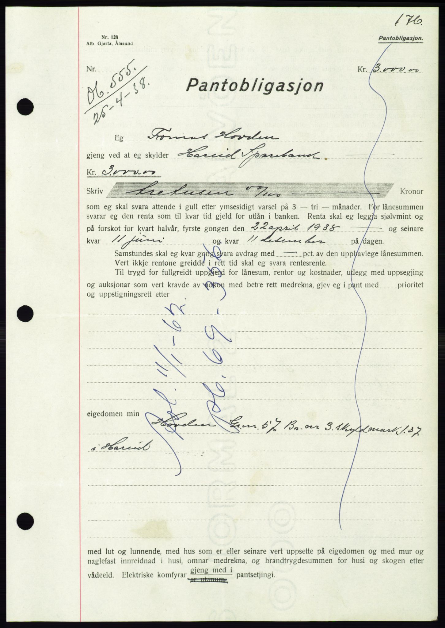 Søre Sunnmøre sorenskriveri, AV/SAT-A-4122/1/2/2C/L0065: Pantebok nr. 59, 1938-1938, Dagboknr: 555/1938