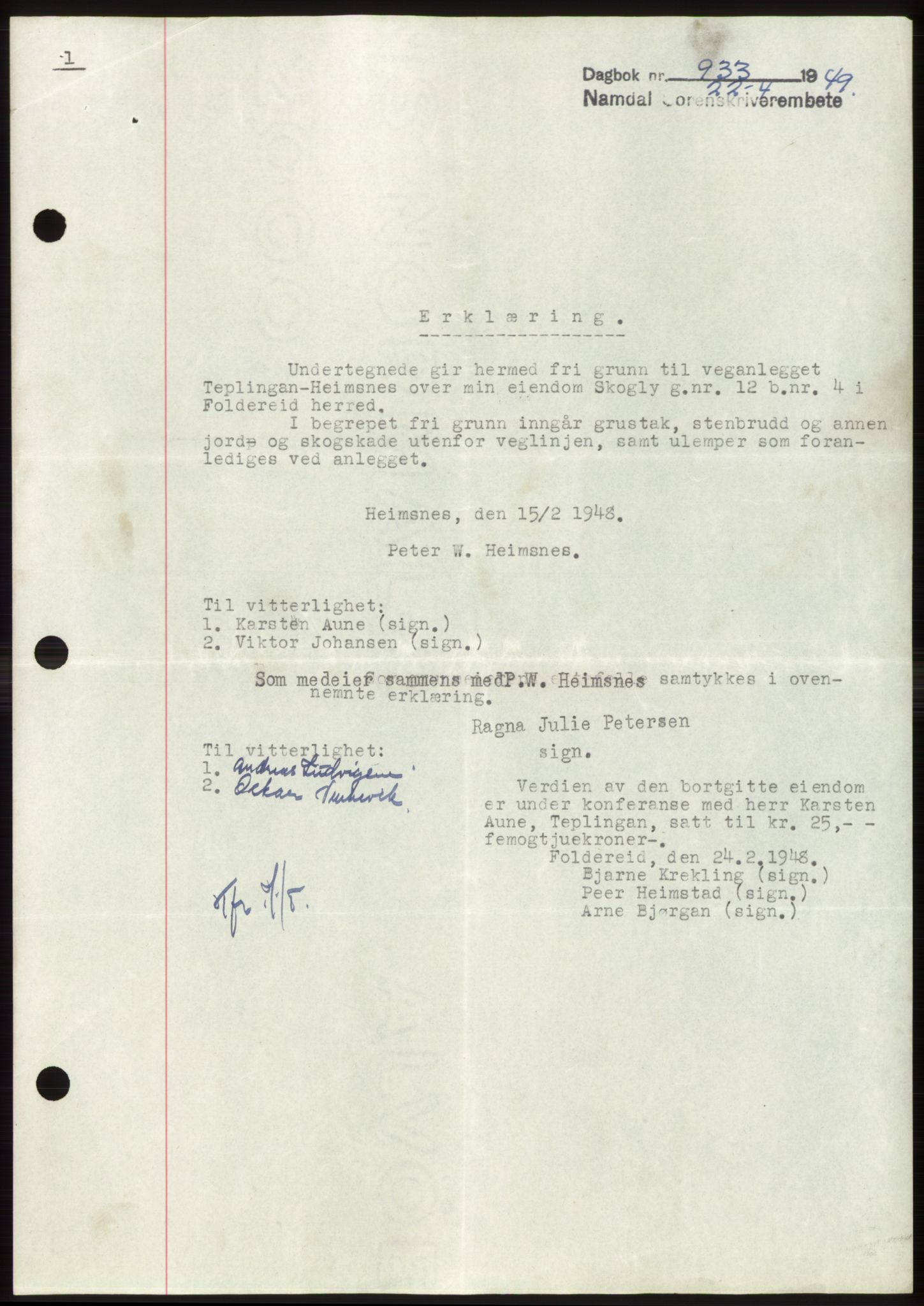 Namdal sorenskriveri, SAT/A-4133/1/2/2C: Pantebok nr. -, 1949-1949, Dagboknr: 933/1949