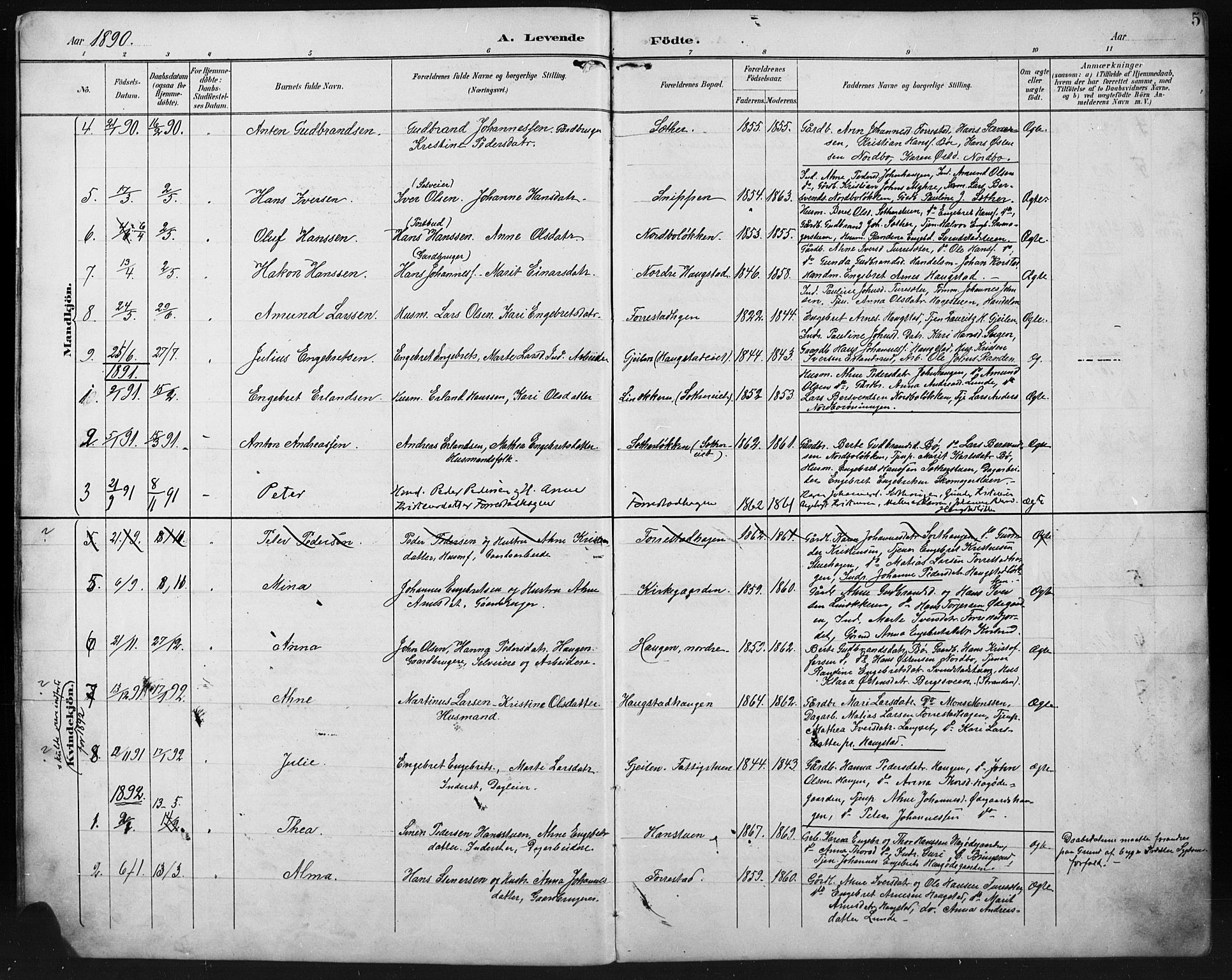 Ringebu prestekontor, SAH/PREST-082/H/Ha/Hab/L0008: Klokkerbok nr. 8, 1890-1922, s. 5