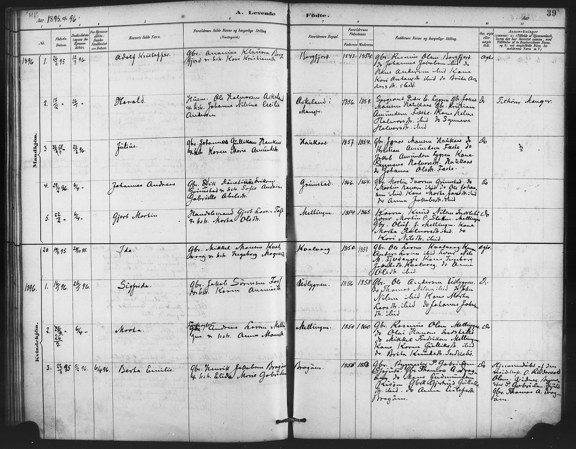 Lindås Sokneprestembete, AV/SAB-A-76701/H/Haa/Haae/L0001: Ministerialbok nr. E 1, 1886-1897, s. 39