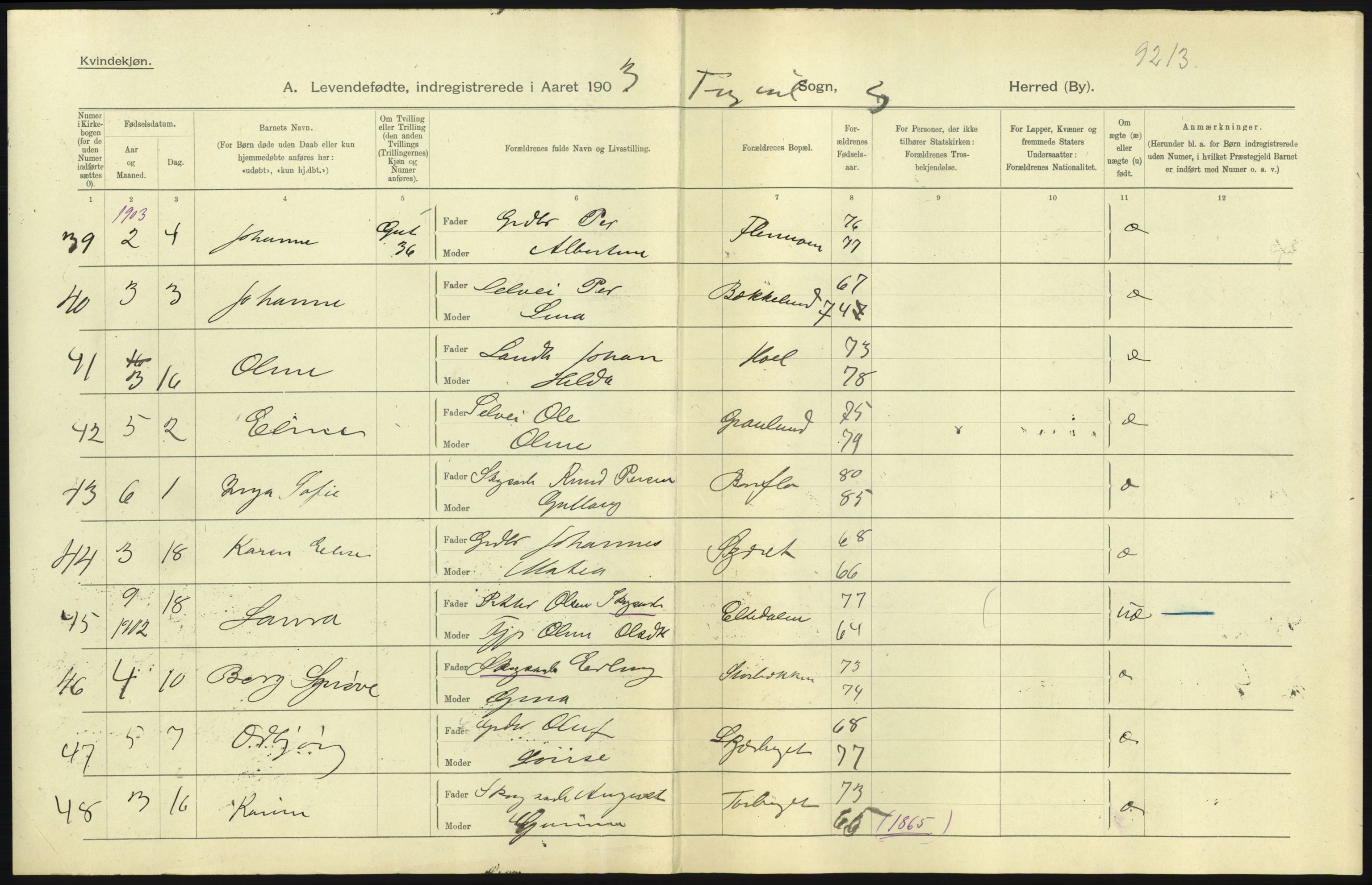 Statistisk sentralbyrå, Sosiodemografiske emner, Befolkning, RA/S-2228/D/Df/Dfa/Dfaa/L0005: Hedemarkens amt: Fødte, gifte, døde, 1903, s. 3