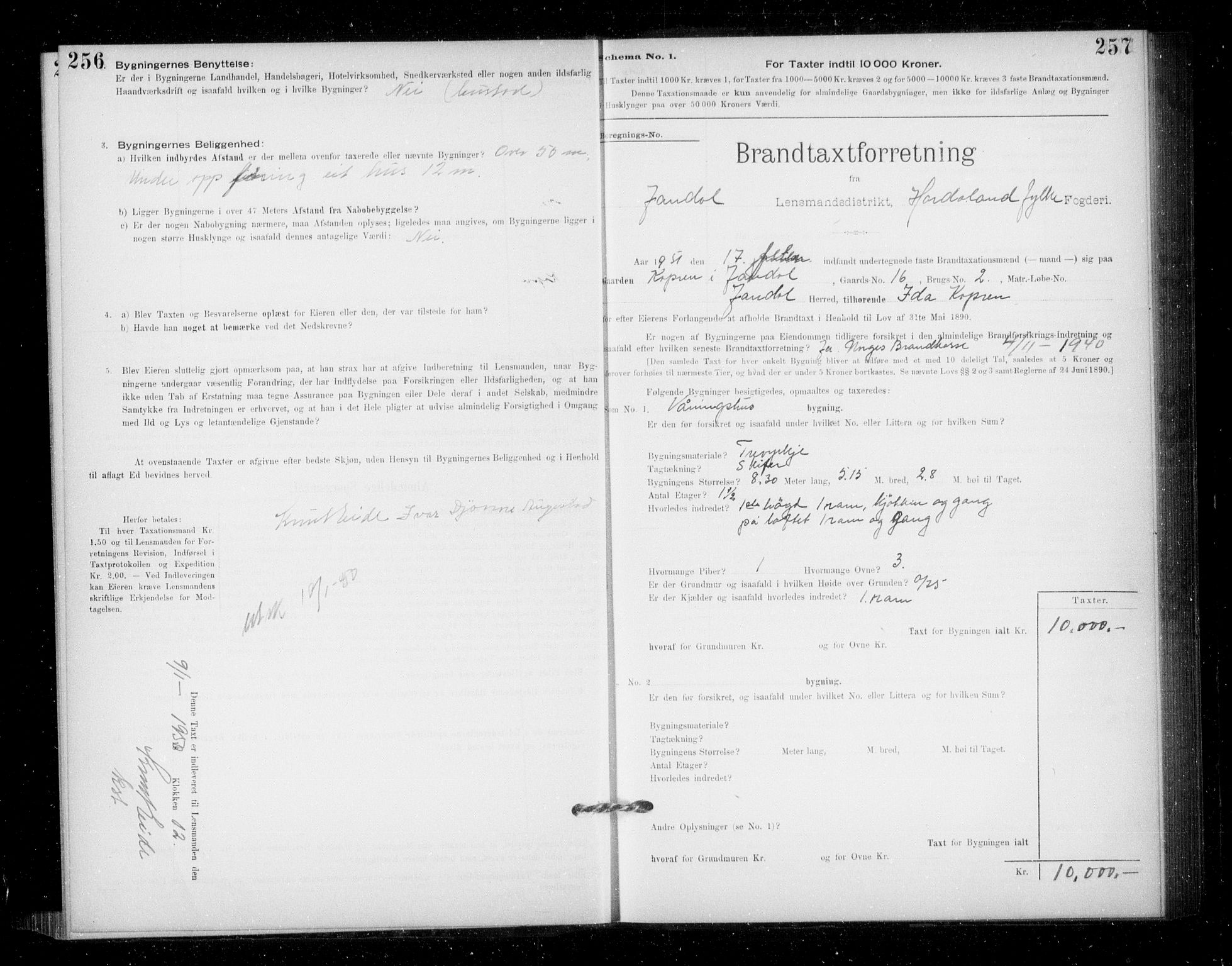 Lensmannen i Jondal, SAB/A-33101/0012/L0005: Branntakstprotokoll, skjematakst, 1894-1951, s. 256-257