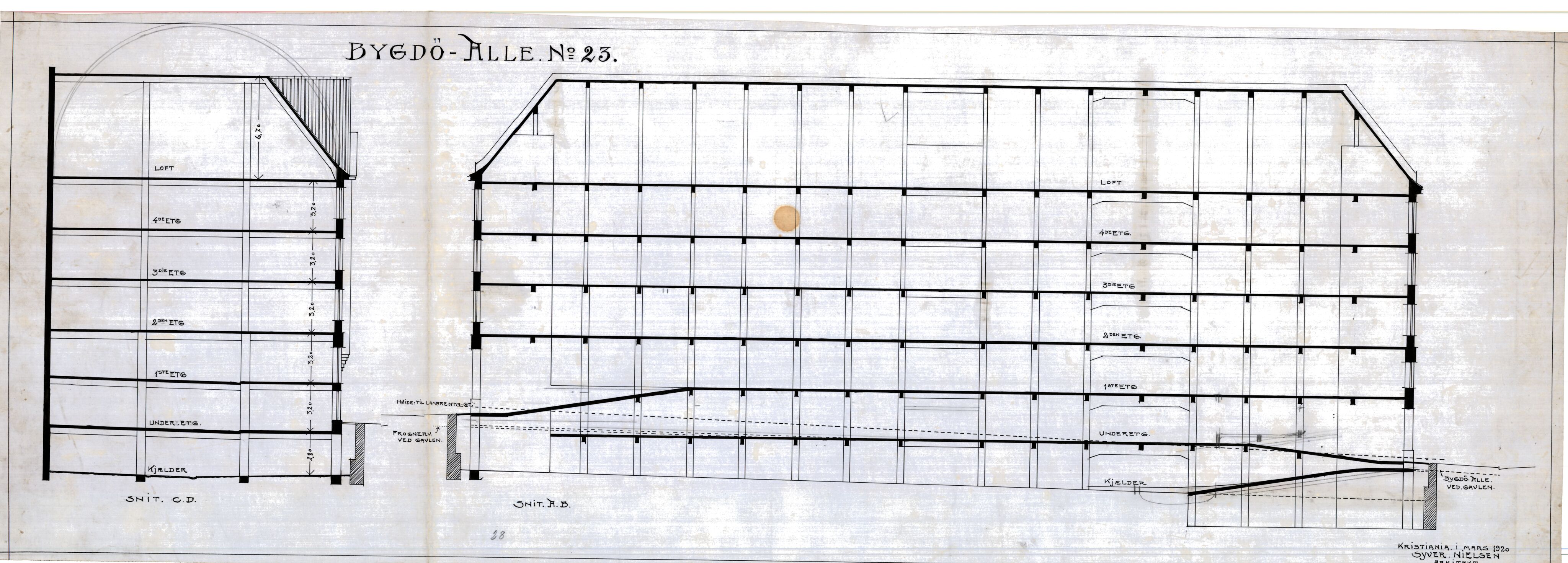 Syver Nielsen Arkitekt, OBA/A-70230/T/L0003/0004: Bygdøy allé 23, ikke gjennomført prosjekt for automobilhotell / Grunnplaner, 1920, s. 1