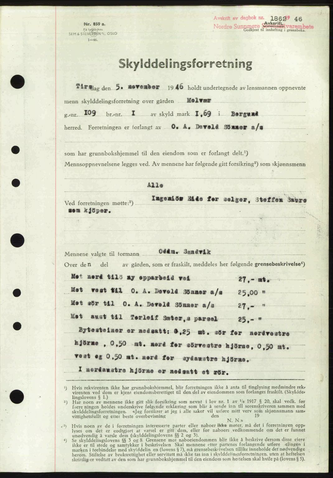 Nordre Sunnmøre sorenskriveri, SAT/A-0006/1/2/2C/2Ca: Pantebok nr. A22, 1946-1946, Dagboknr: 1862/1946