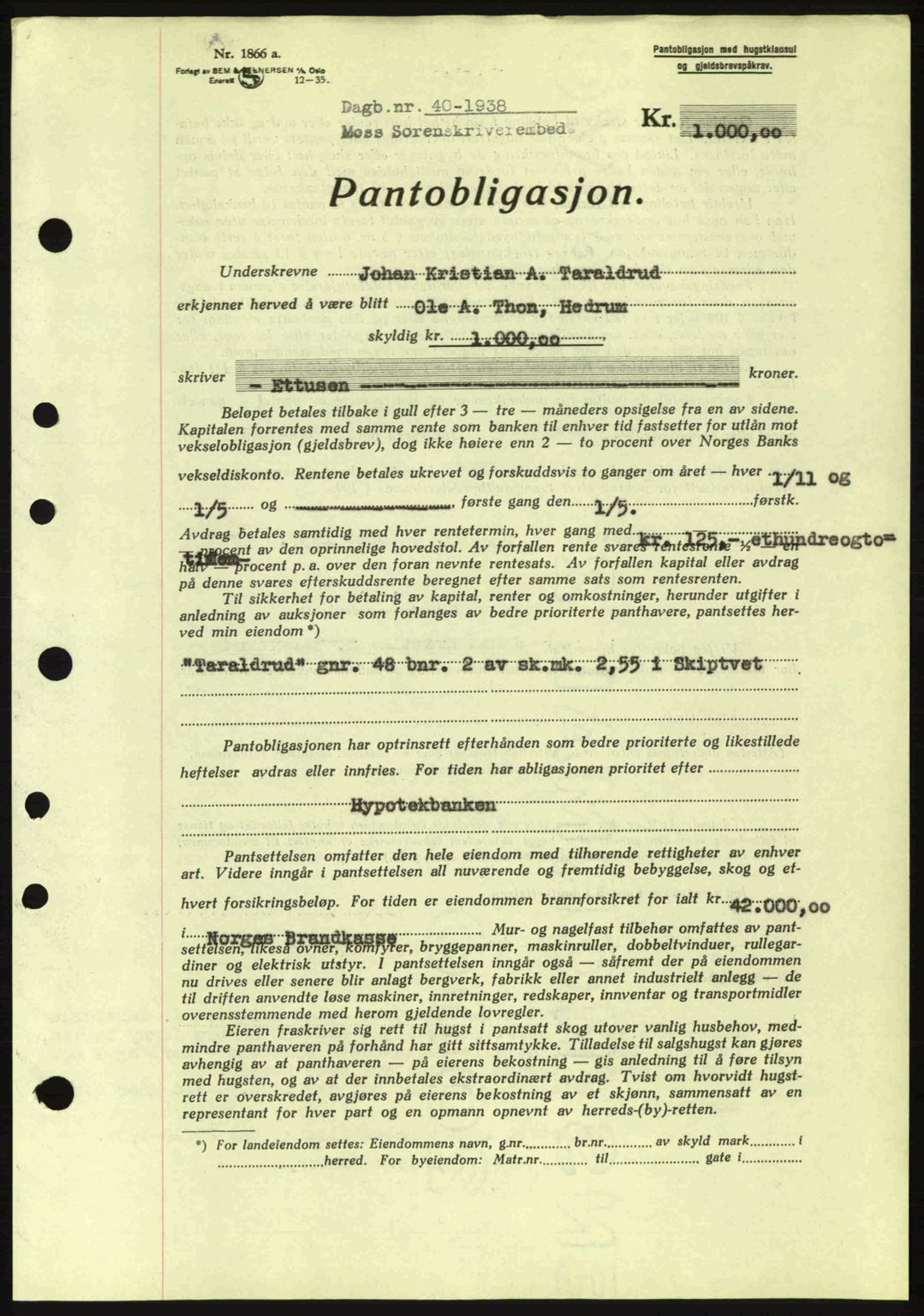 Moss sorenskriveri, SAO/A-10168: Pantebok nr. B4, 1937-1938, Dagboknr: 40/1938