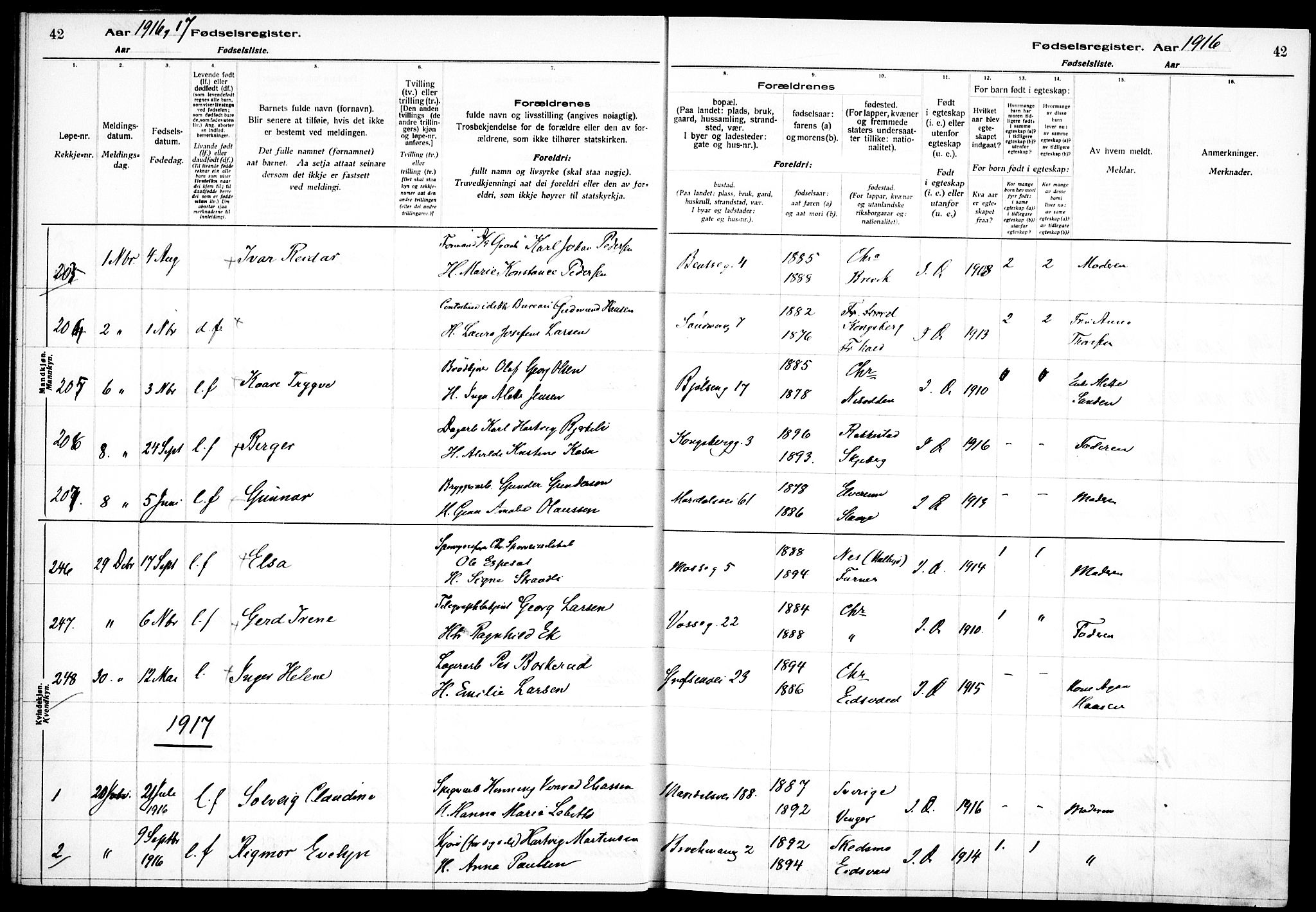 Sagene prestekontor Kirkebøker, AV/SAO-A-10796/J/L0001: Fødselsregister nr. 1, 1916-1920, s. 42